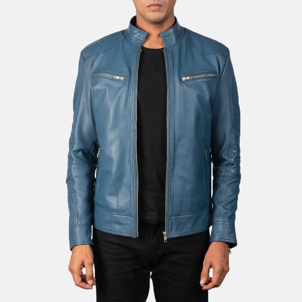 Mens Sky Blue Leather Biker Jacket