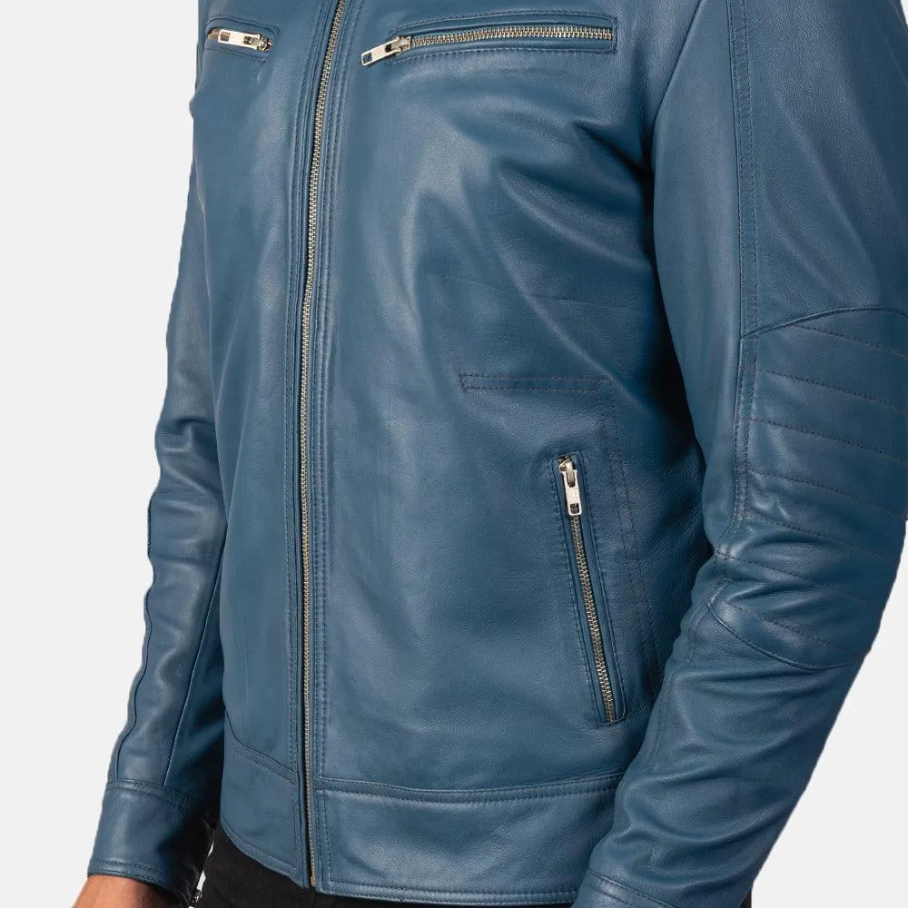 Mens Sky Blue Leather Biker Jacket