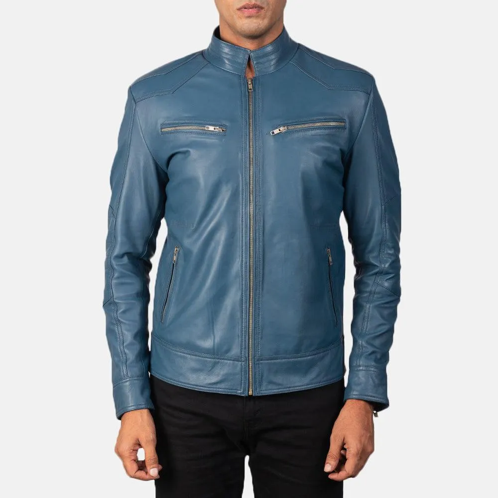 Mens Sky Blue Leather Biker Jacket