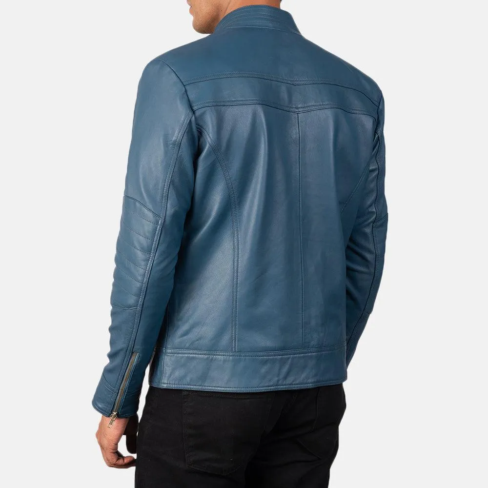 Mens Sky Blue Leather Biker Jacket