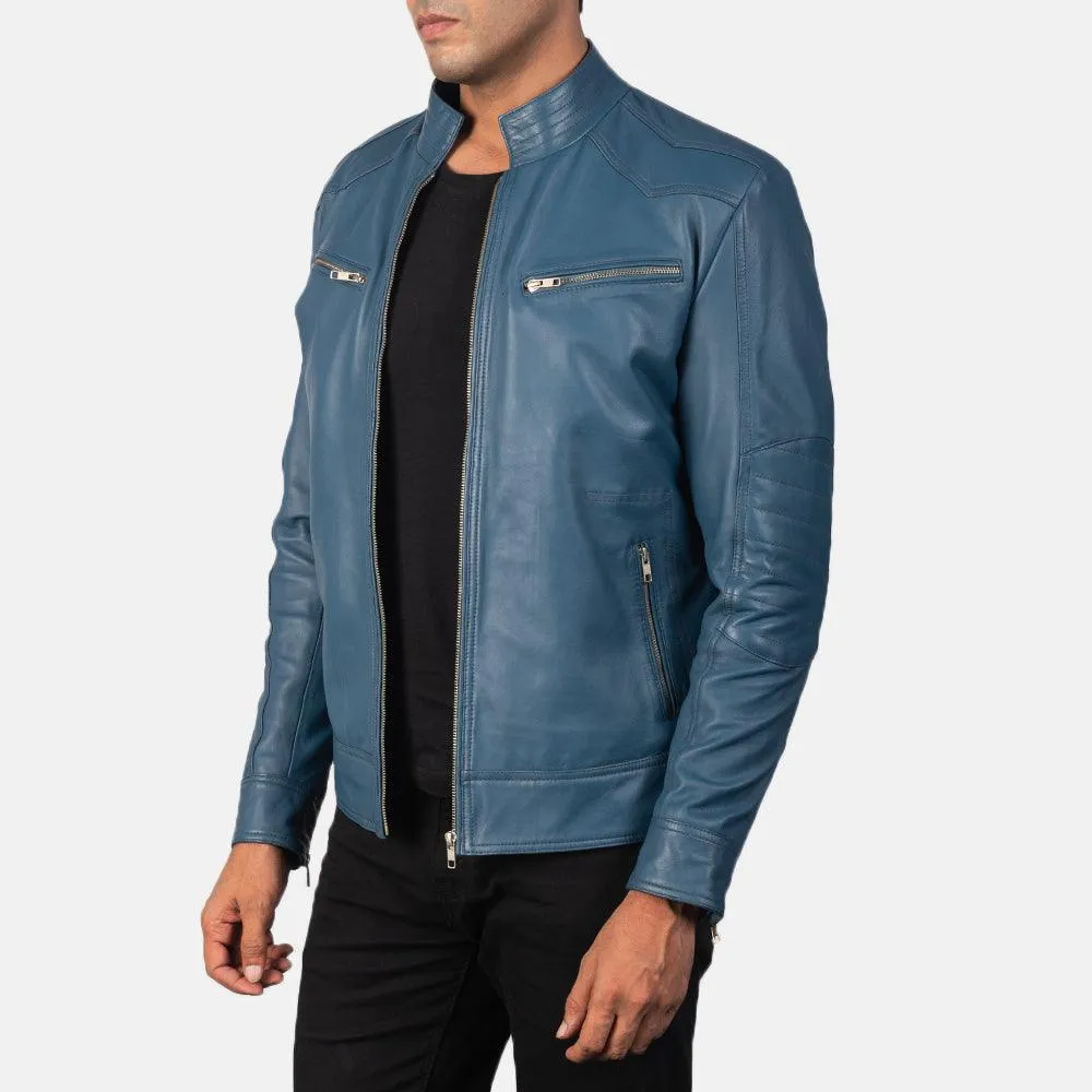 Mens Sky Blue Leather Biker Jacket