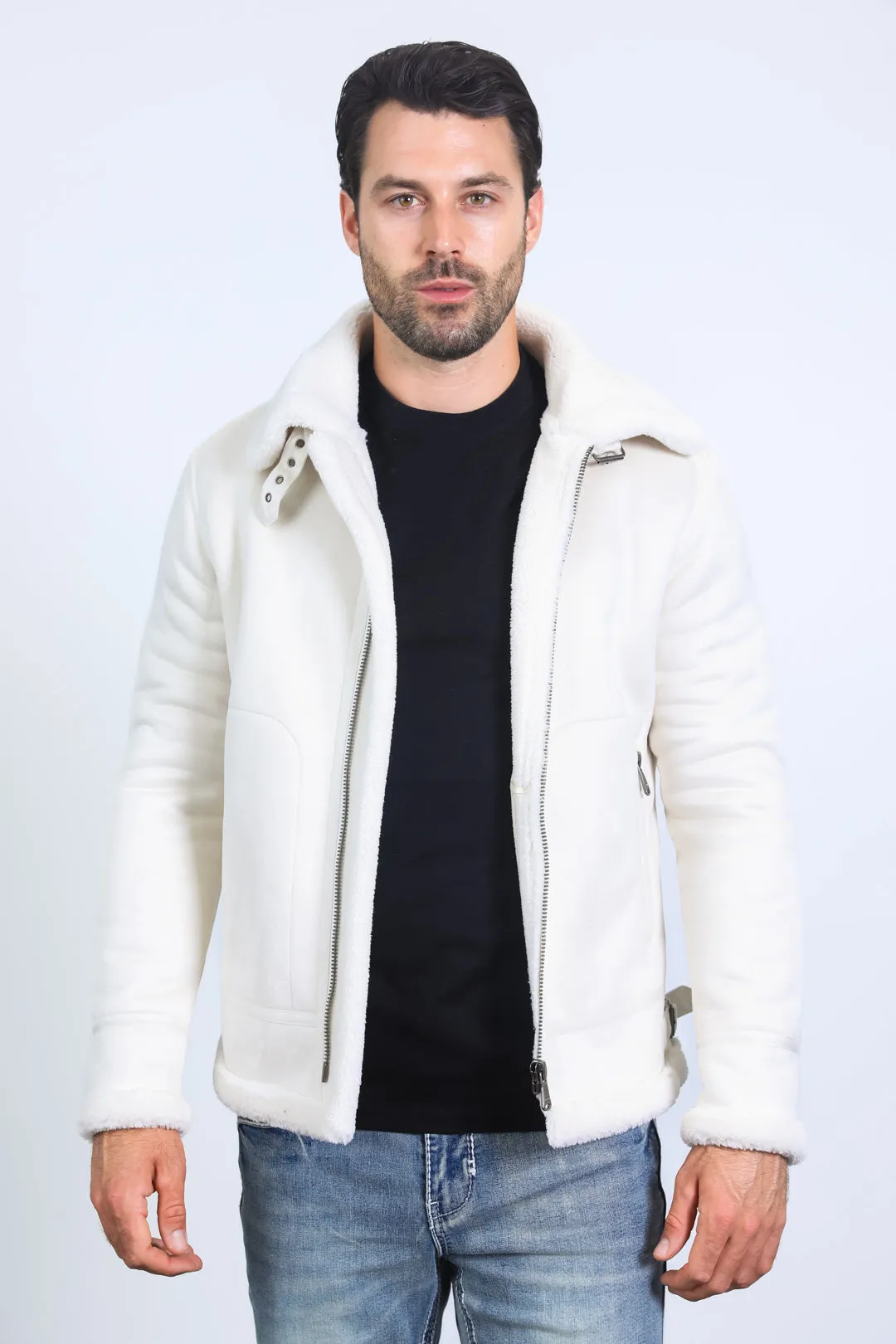 Men's Suede White Jacket w/ Faux Shearling-lined