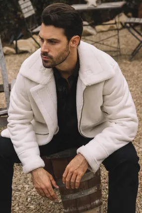 Men's Suede White Jacket w/ Faux Shearling-lined