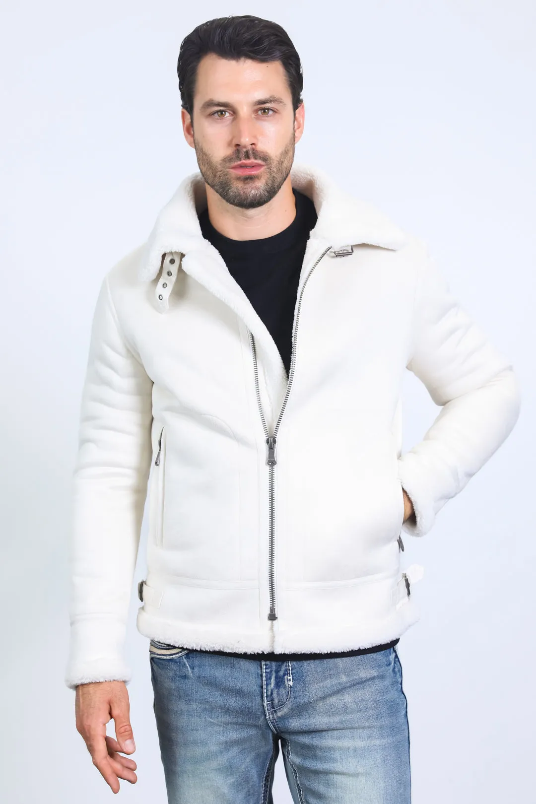 Men's Suede White Jacket w/ Faux Shearling-lined