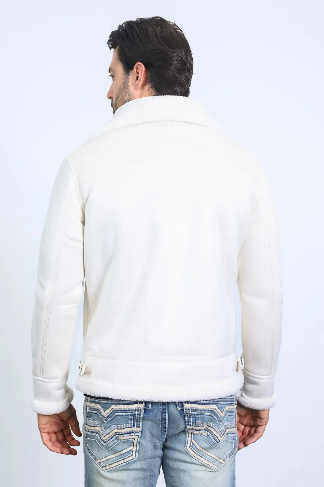 Men's Suede White Jacket w/ Faux Shearling-lined