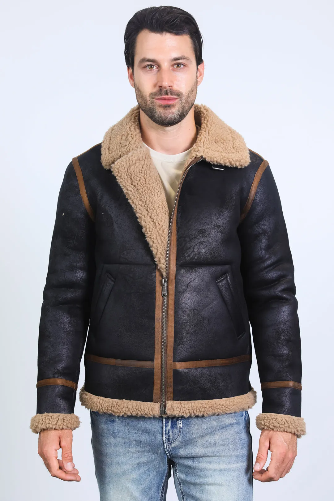 Men's Washed Suede Black Jacket w/ Faux Shearling-lined