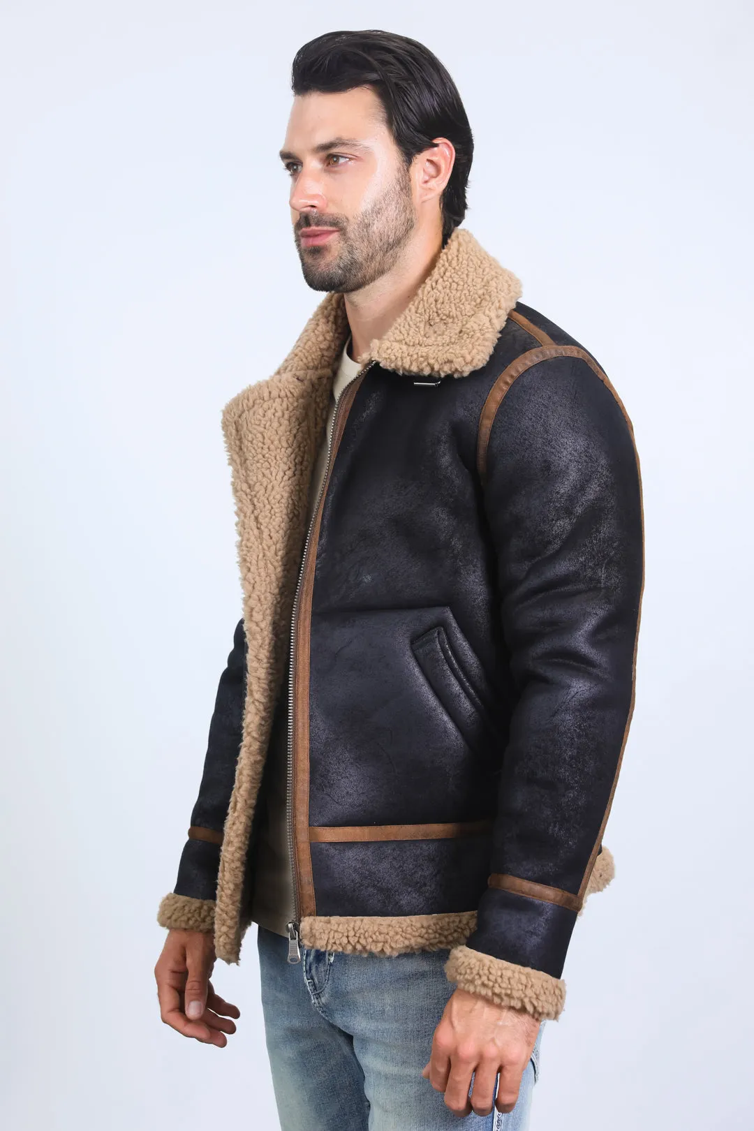 Men's Washed Suede Black Jacket w/ Faux Shearling-lined