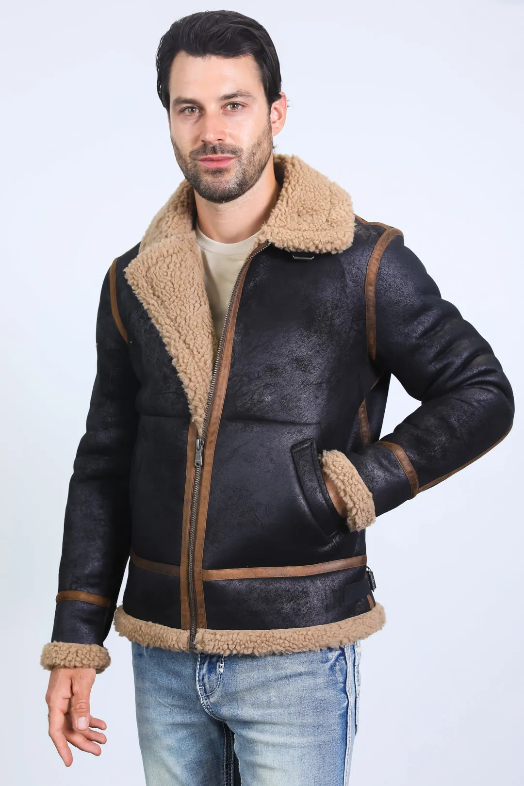 Men's Washed Suede Black Jacket w/ Faux Shearling-lined