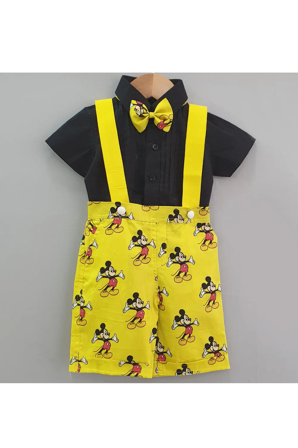 Mickey mouse theme shirt suspender and shorts set with bow