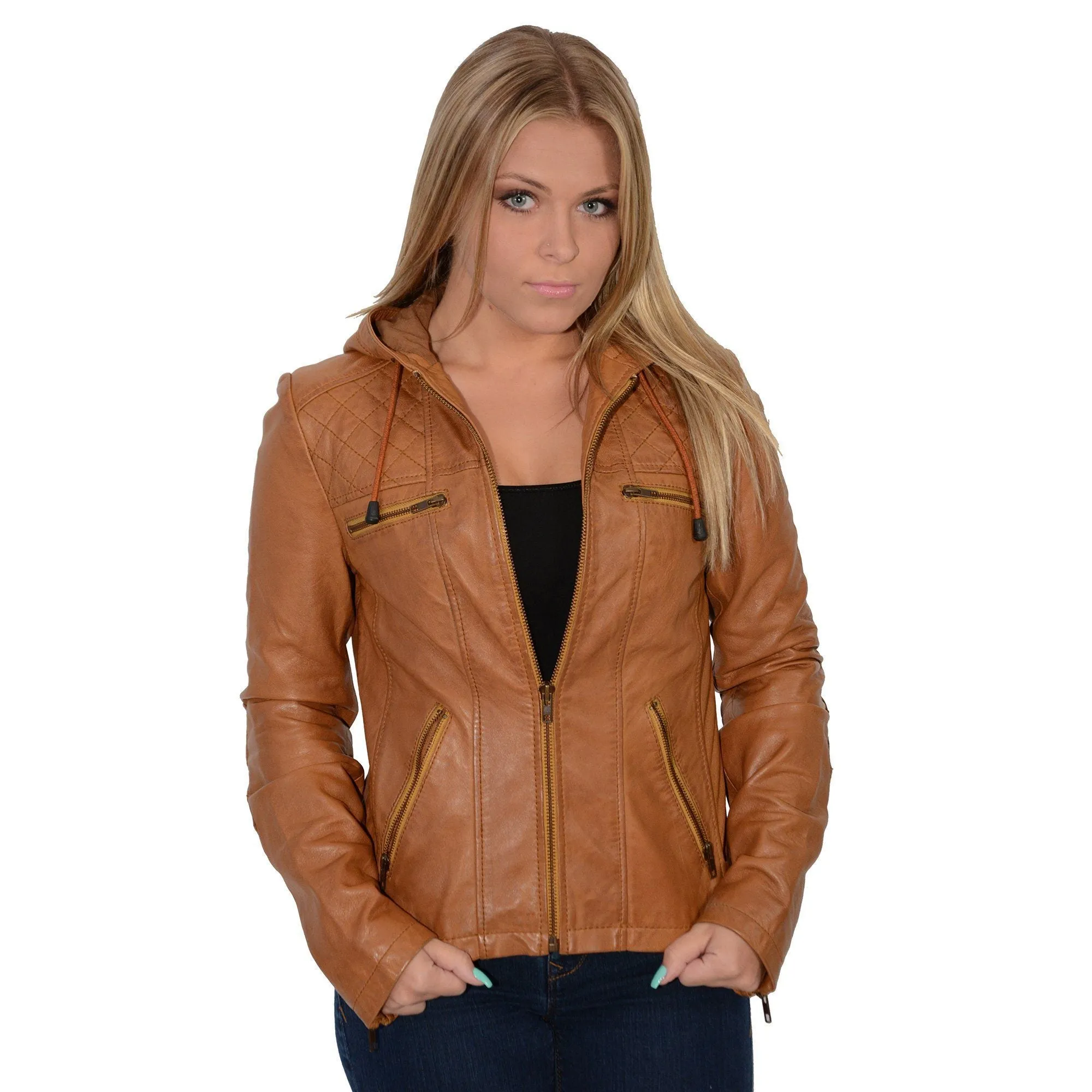 Milwaukee Leather SFL2810 Women's Cognac Scuba Style Fashion Leather Jacket with Drawstring and Hoodie