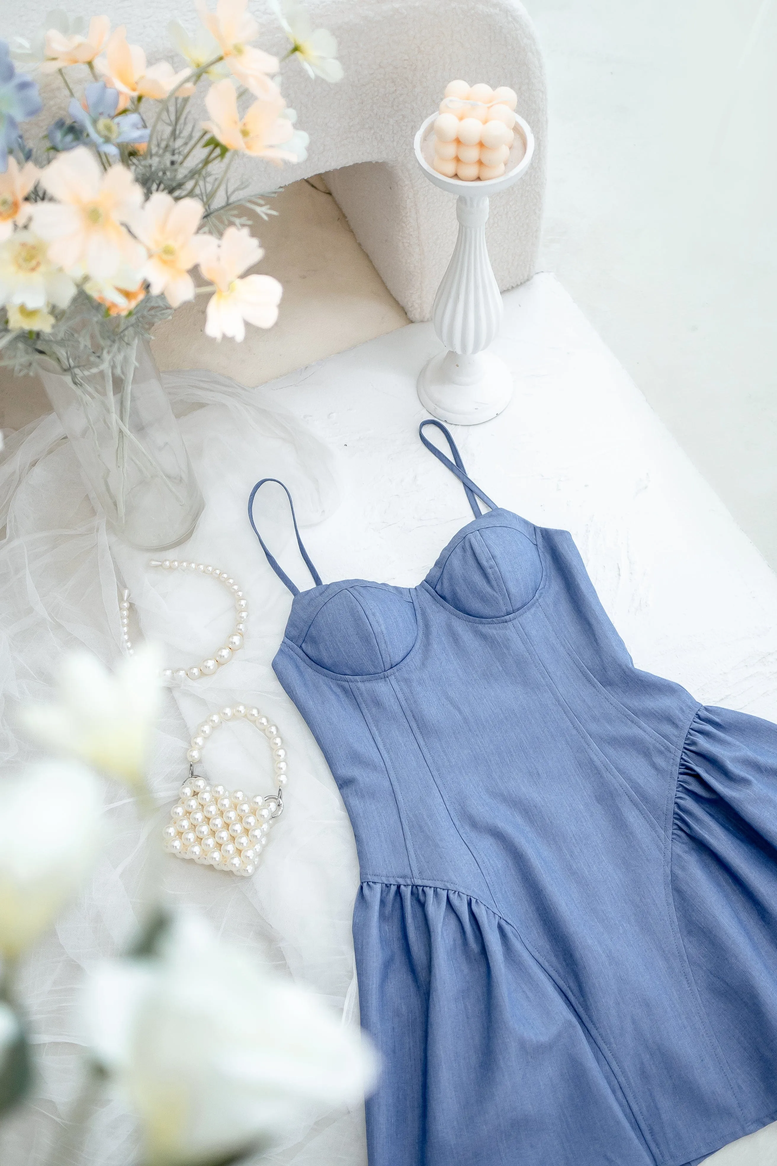 MONA BUSTIER MINI DRESS IN BLUE DENIM