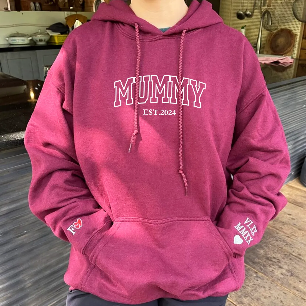 Mummy Hoodie or Sweatshirt with Embroidered Kids Names on Sleeve