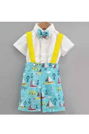 Nautical theme shirt suspender and shorts set with bow