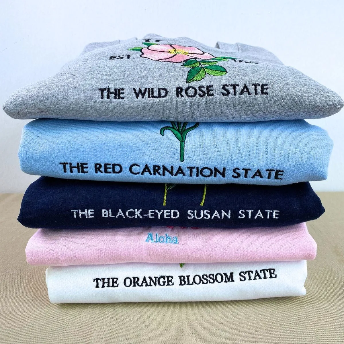 North Dakota State Sweatshirt or Hoodie, Embroidered Gift - Est. 1889 Wild Prairie Rose Flower