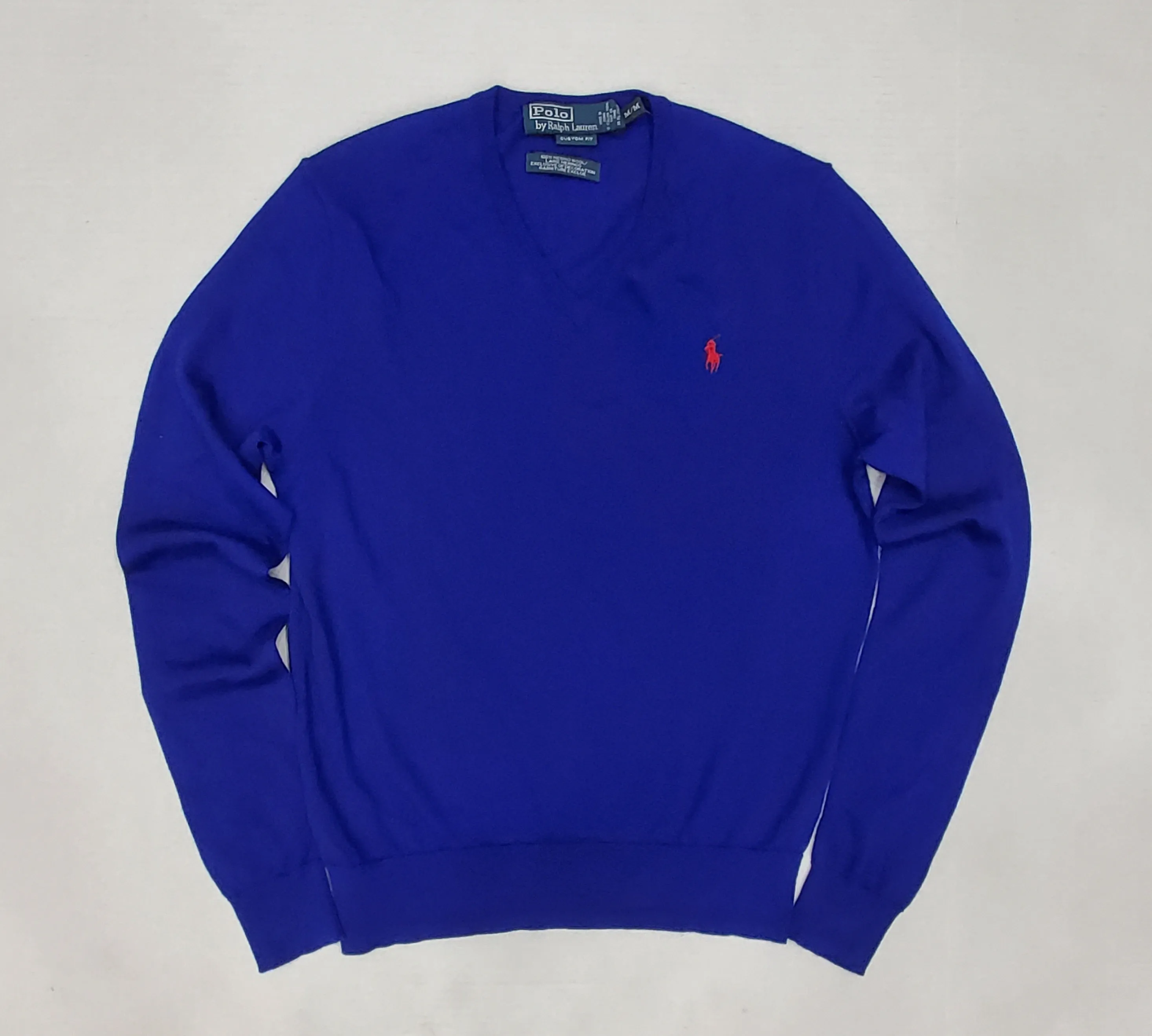 Nwt Polo Ralph Lauren Royal Blue w/Red Horse V-Neck Wool Sweater