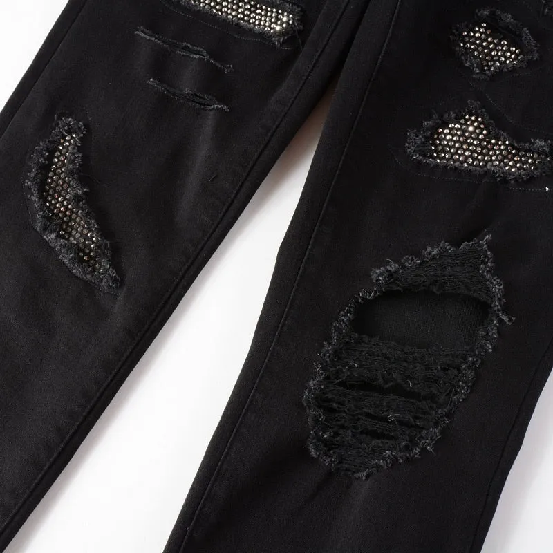 Obsidian Distressed Rhinestone Slim Black Jeans