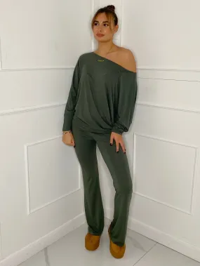 Off Shoulder Flared Slinky Loungeset - Green