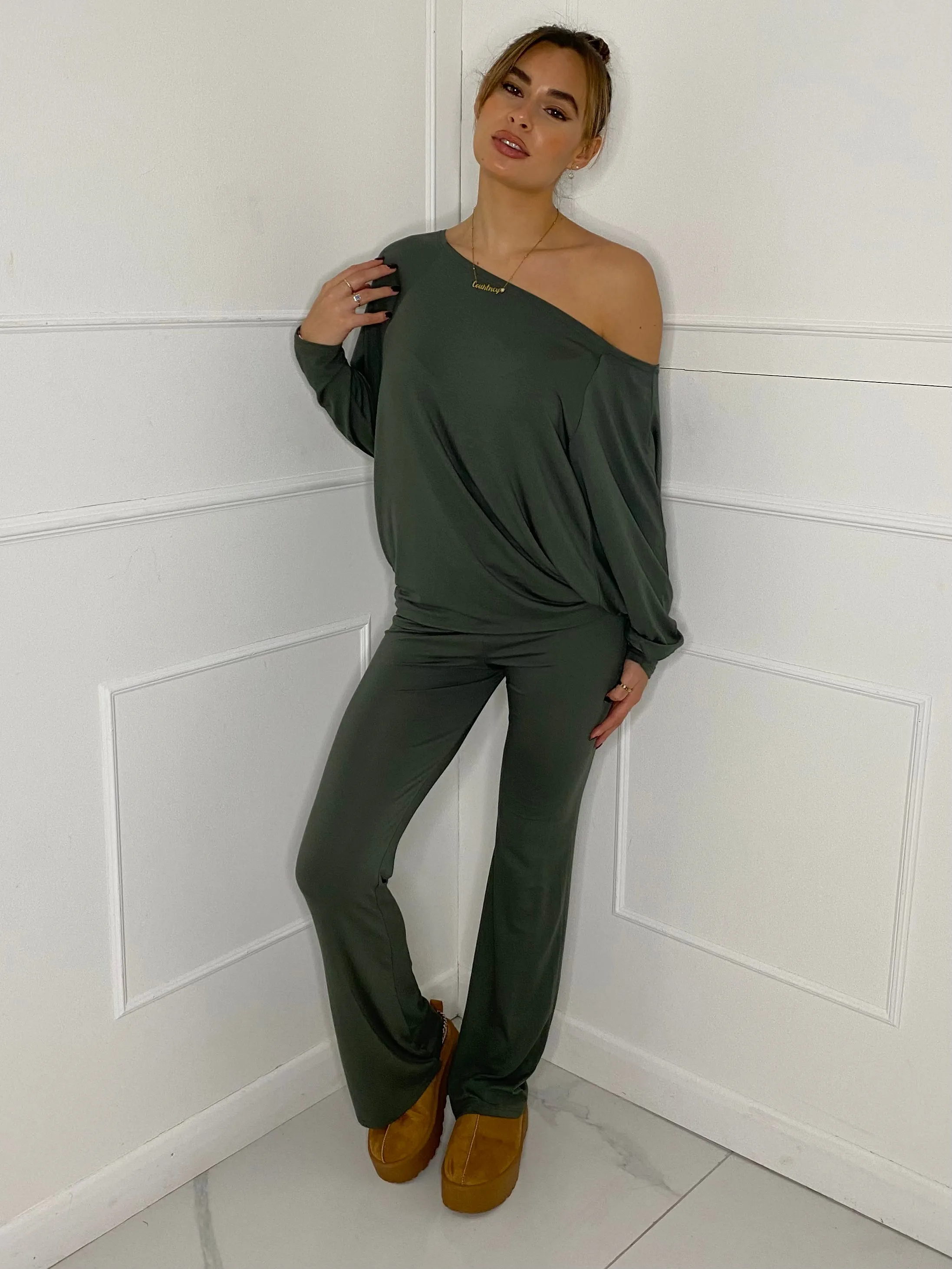 Off Shoulder Flared Slinky Loungeset - Green