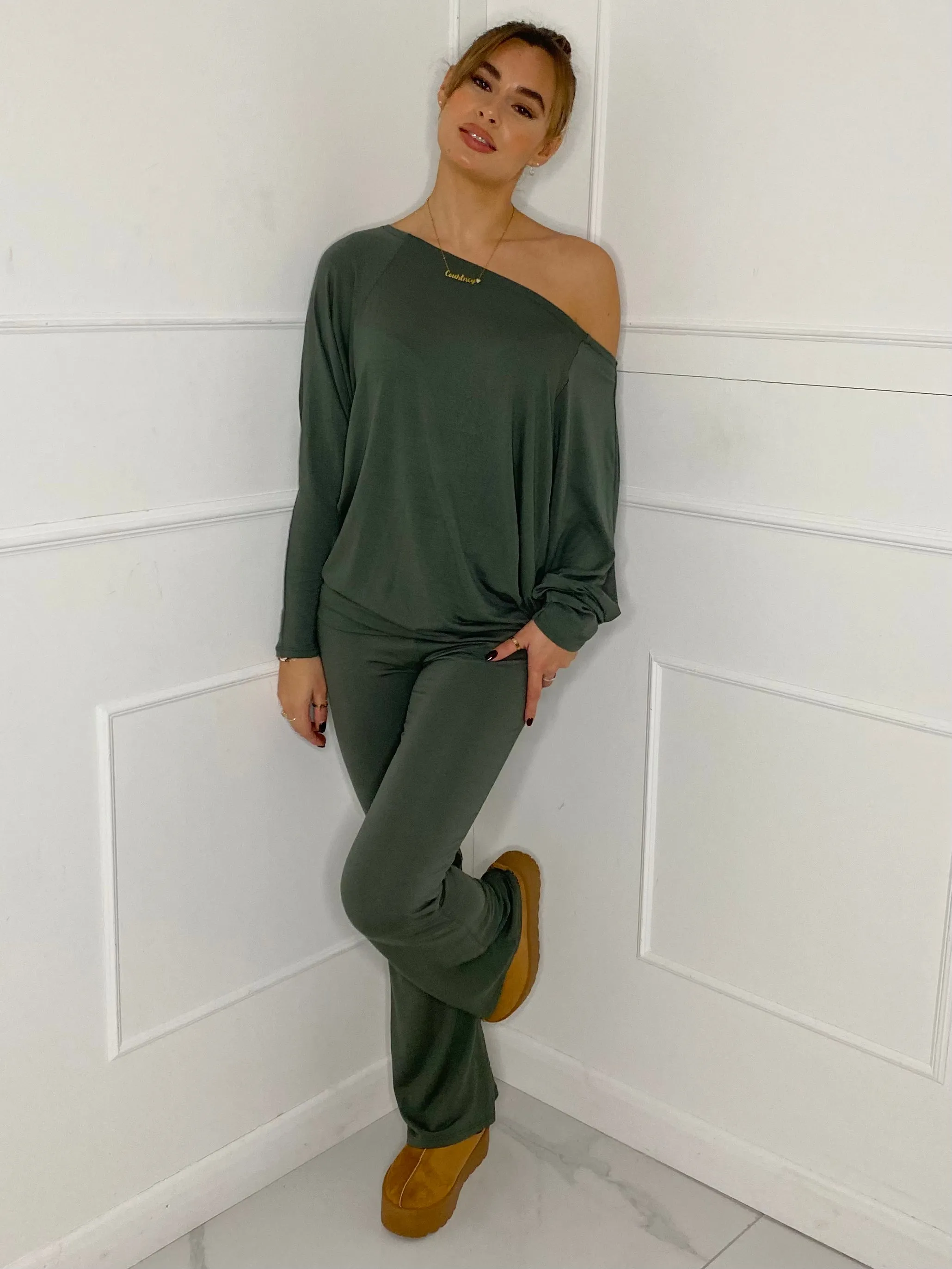 Off Shoulder Flared Slinky Loungeset - Green