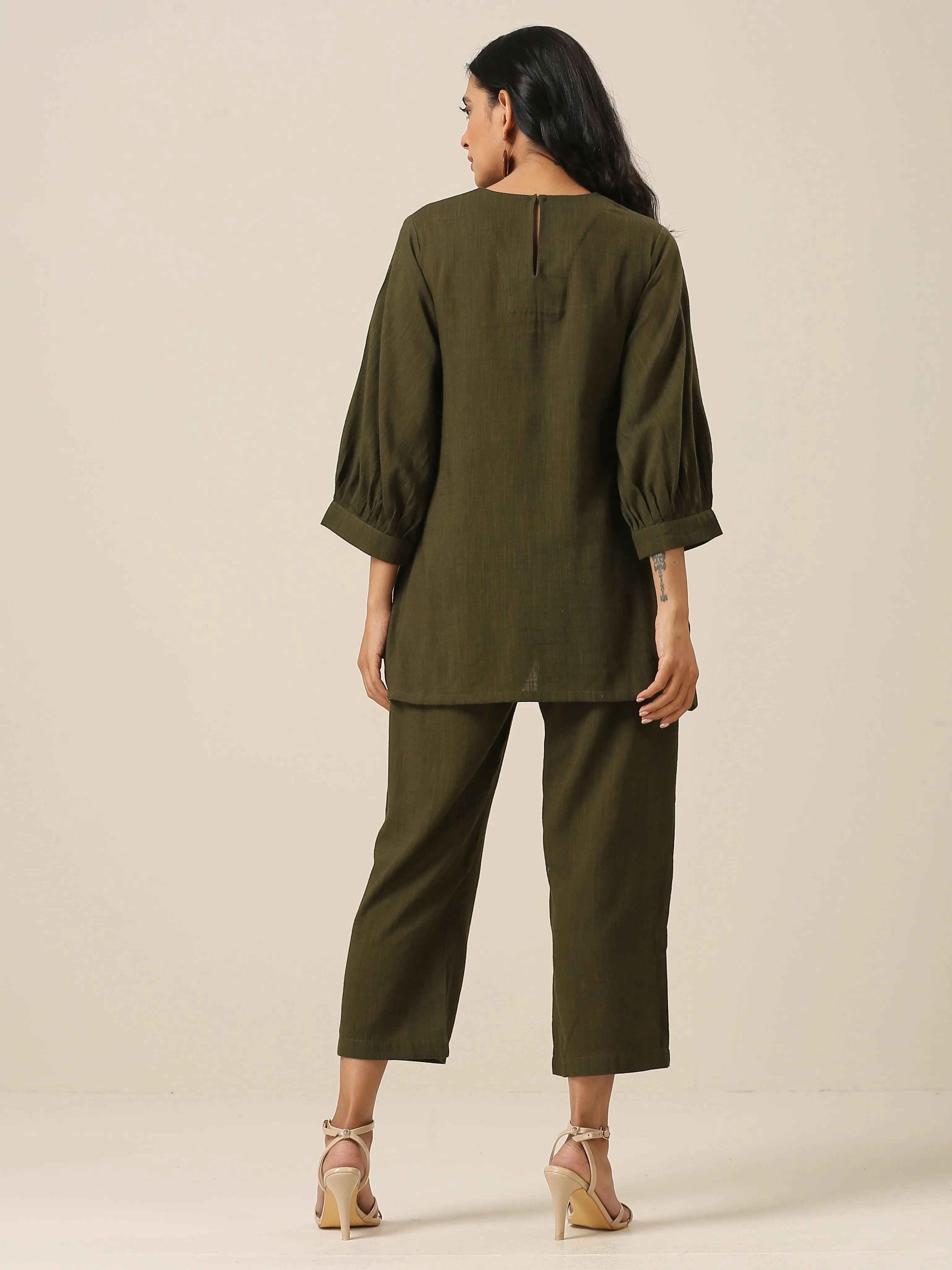 Olive Green Slub Texture Baggy Sleeve Co-Ord Set