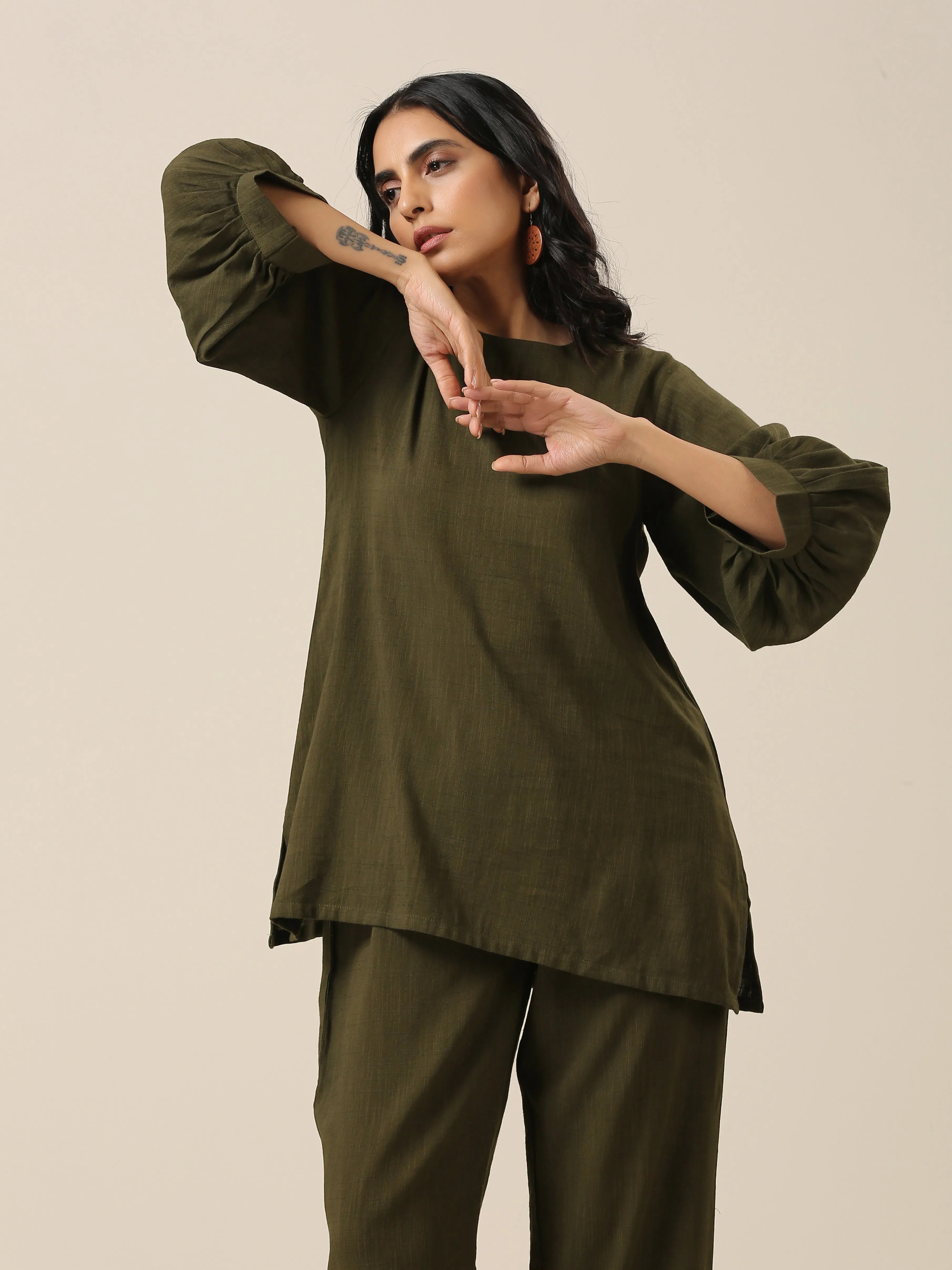 Olive Green Slub Texture Baggy Sleeve Co-Ord Set