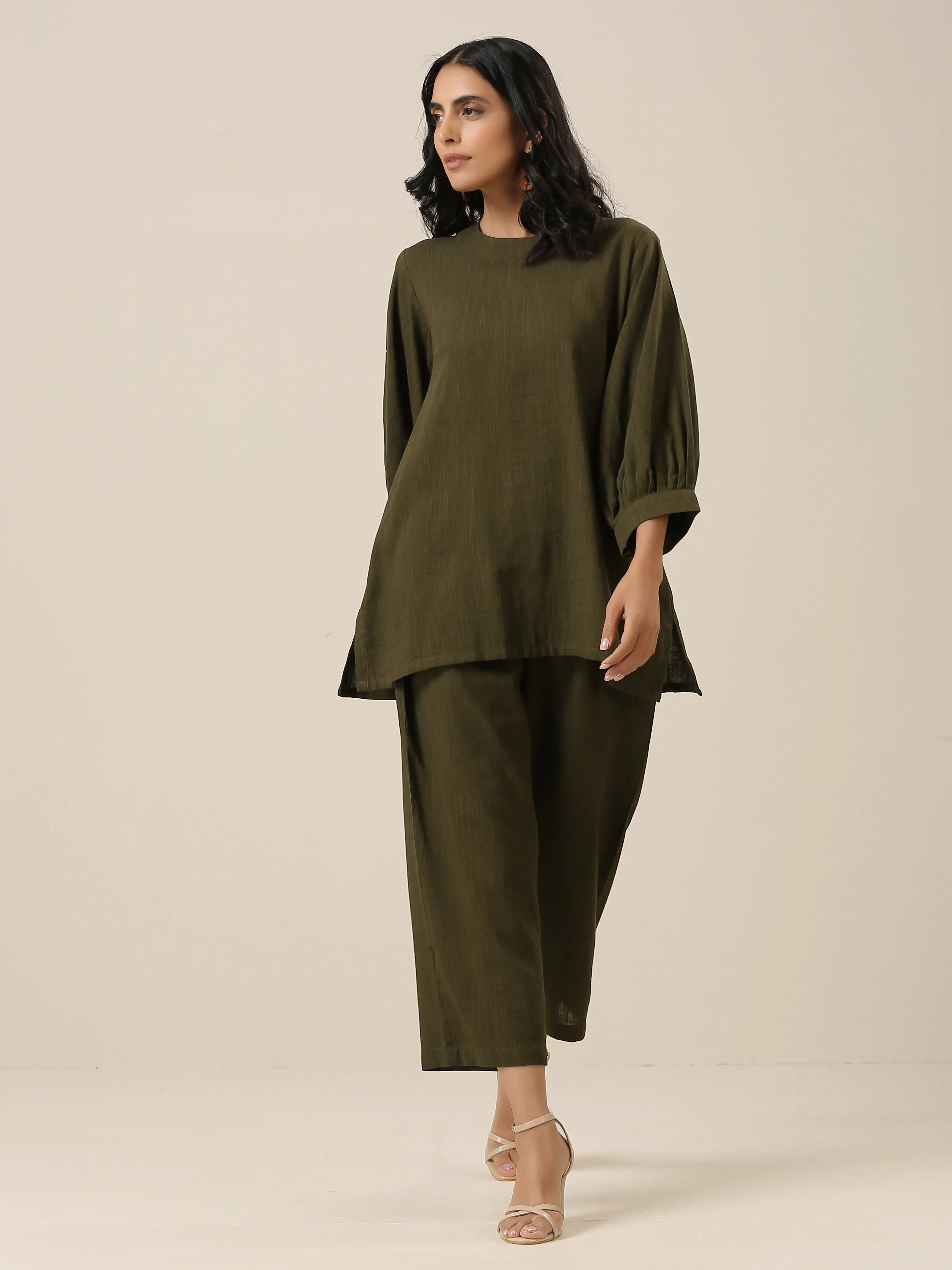 Olive Green Slub Texture Baggy Sleeve Co-Ord Set