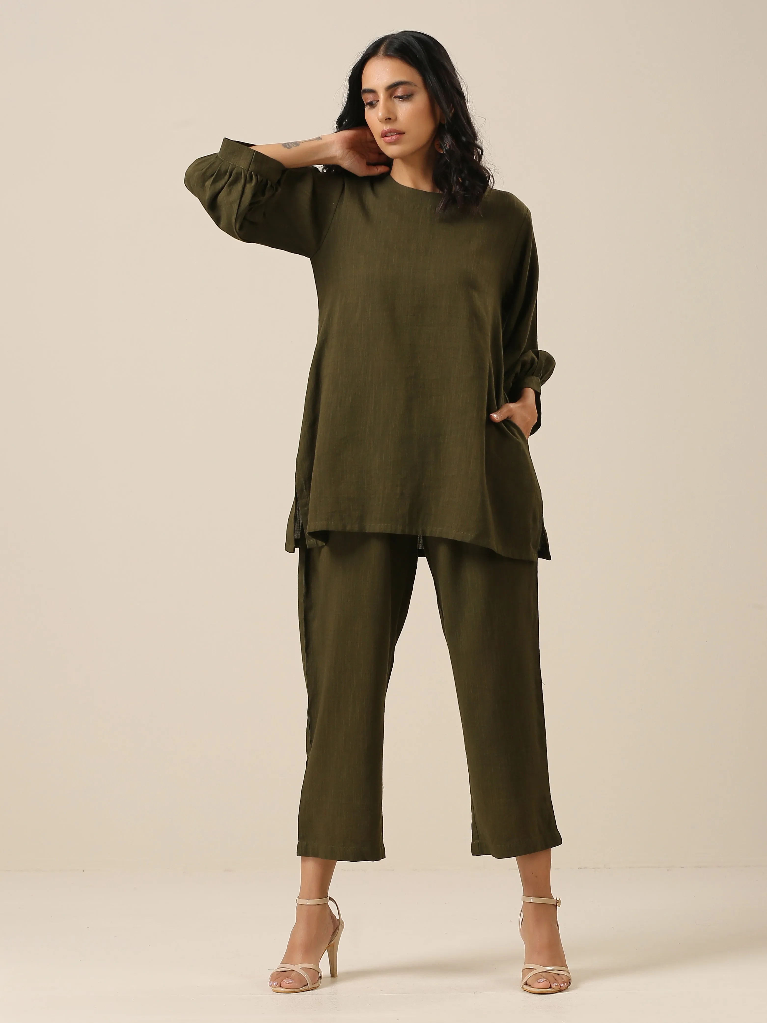 Olive Green Slub Texture Baggy Sleeve Co-Ord Set