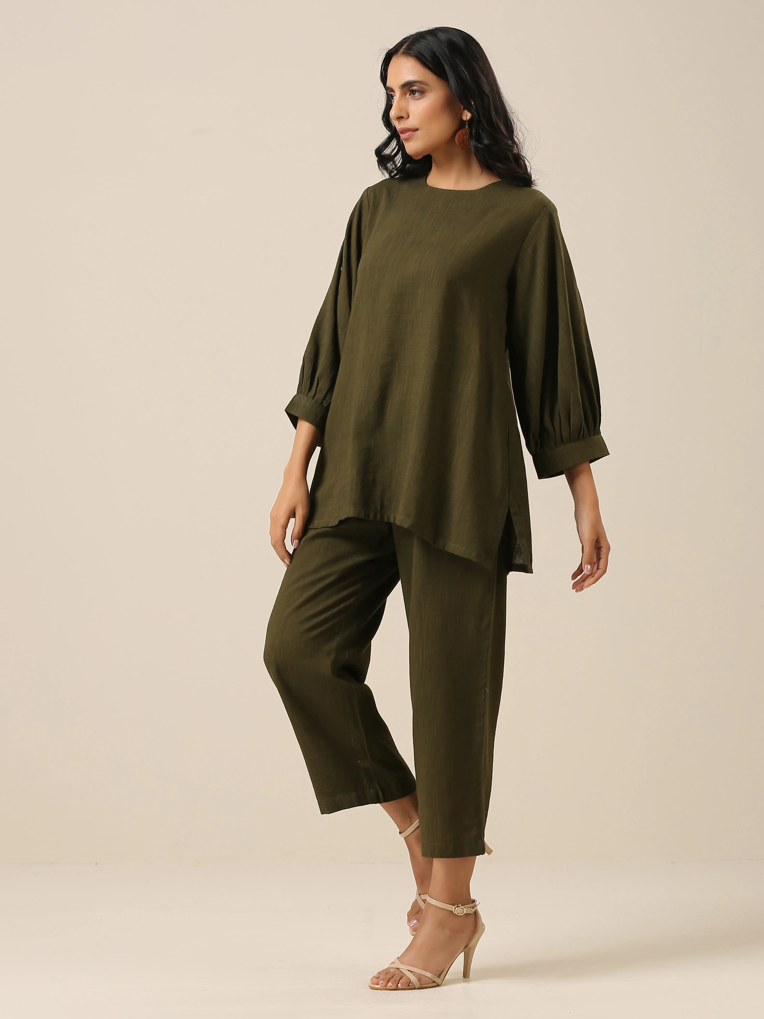 Olive Green Slub Texture Baggy Sleeve Co-Ord Set