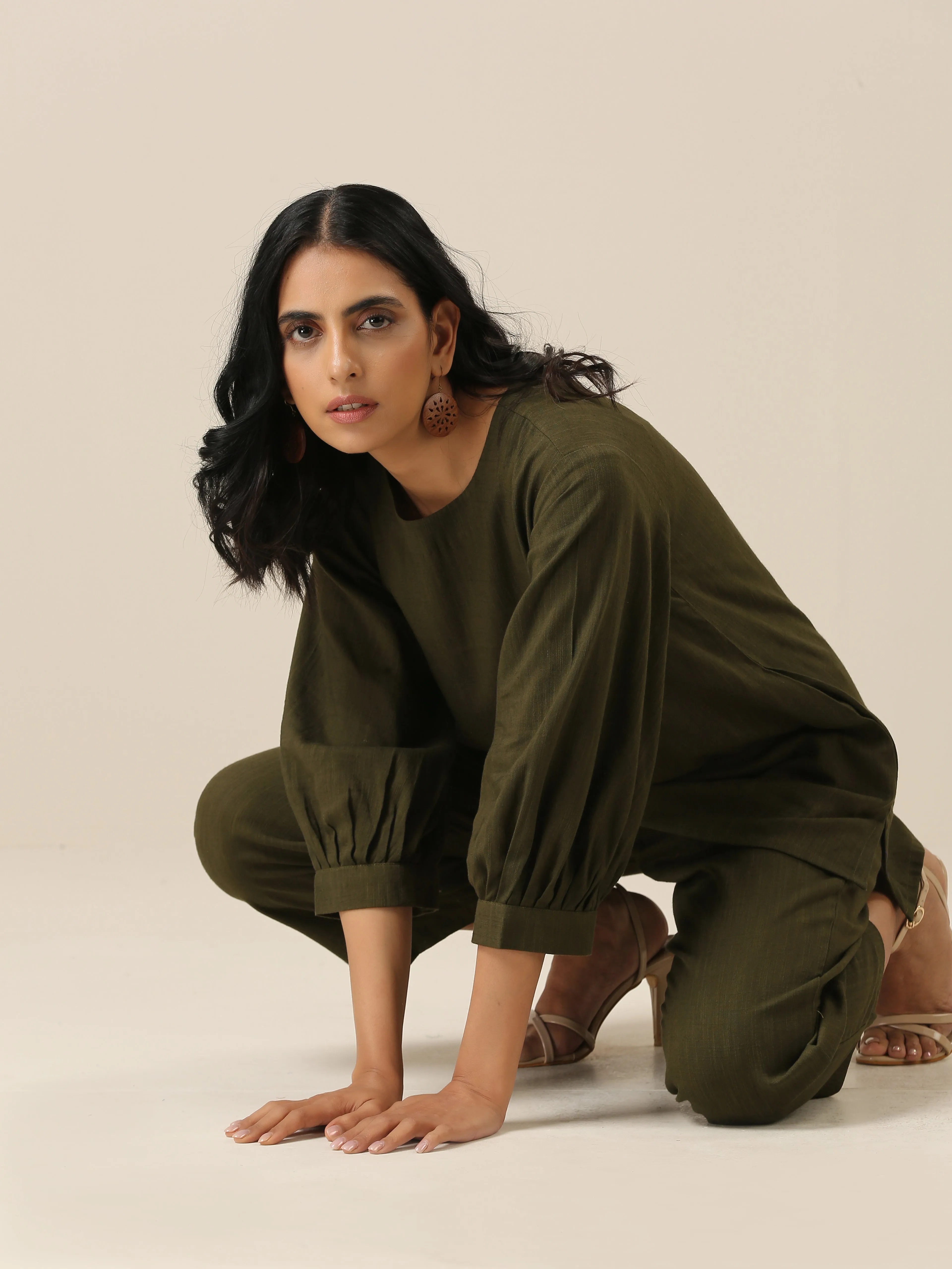 Olive Green Slub Texture Baggy Sleeve Co-Ord Set