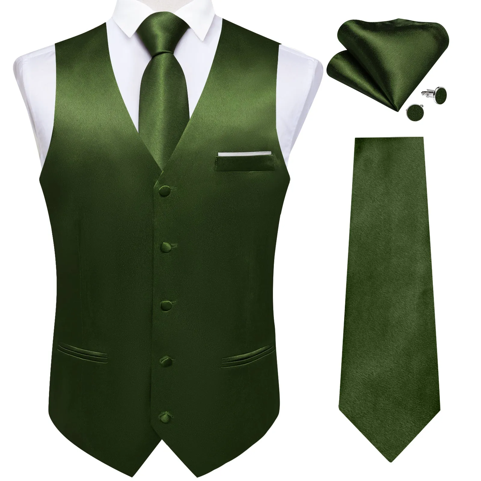 Olive Green Solid Shining Silk Men Vest Necktie Bow Tie Handkerchief Cufflinks Set