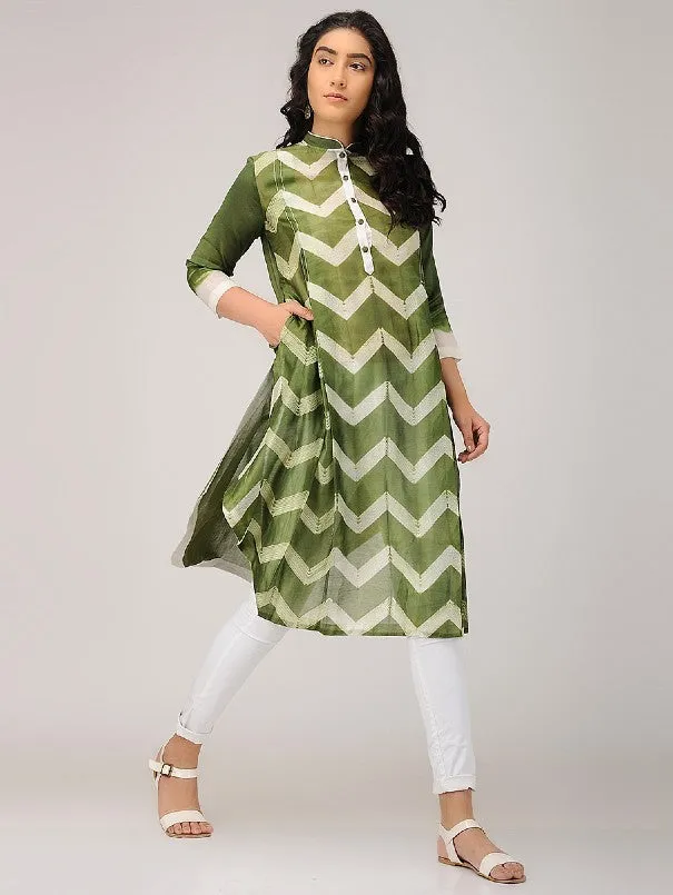 Olive Green Zigzag Shibori Kurta