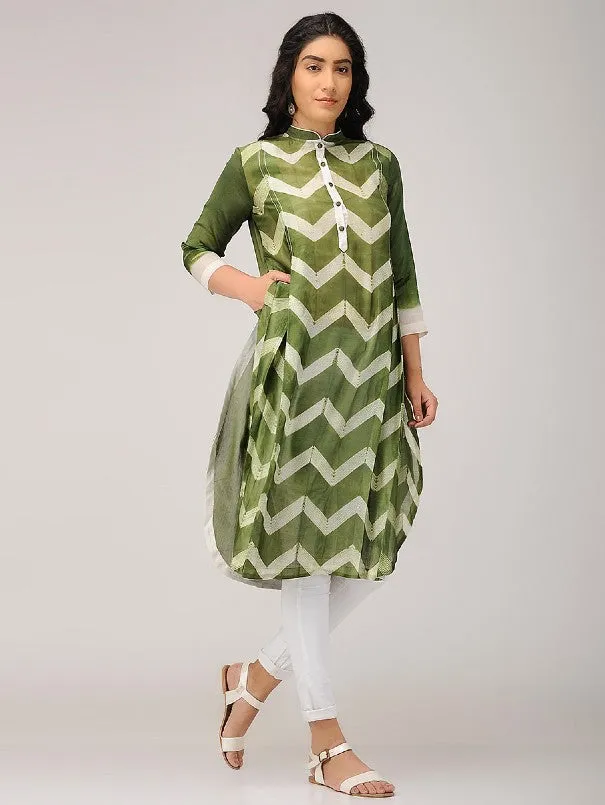 Olive Green Zigzag Shibori Kurta