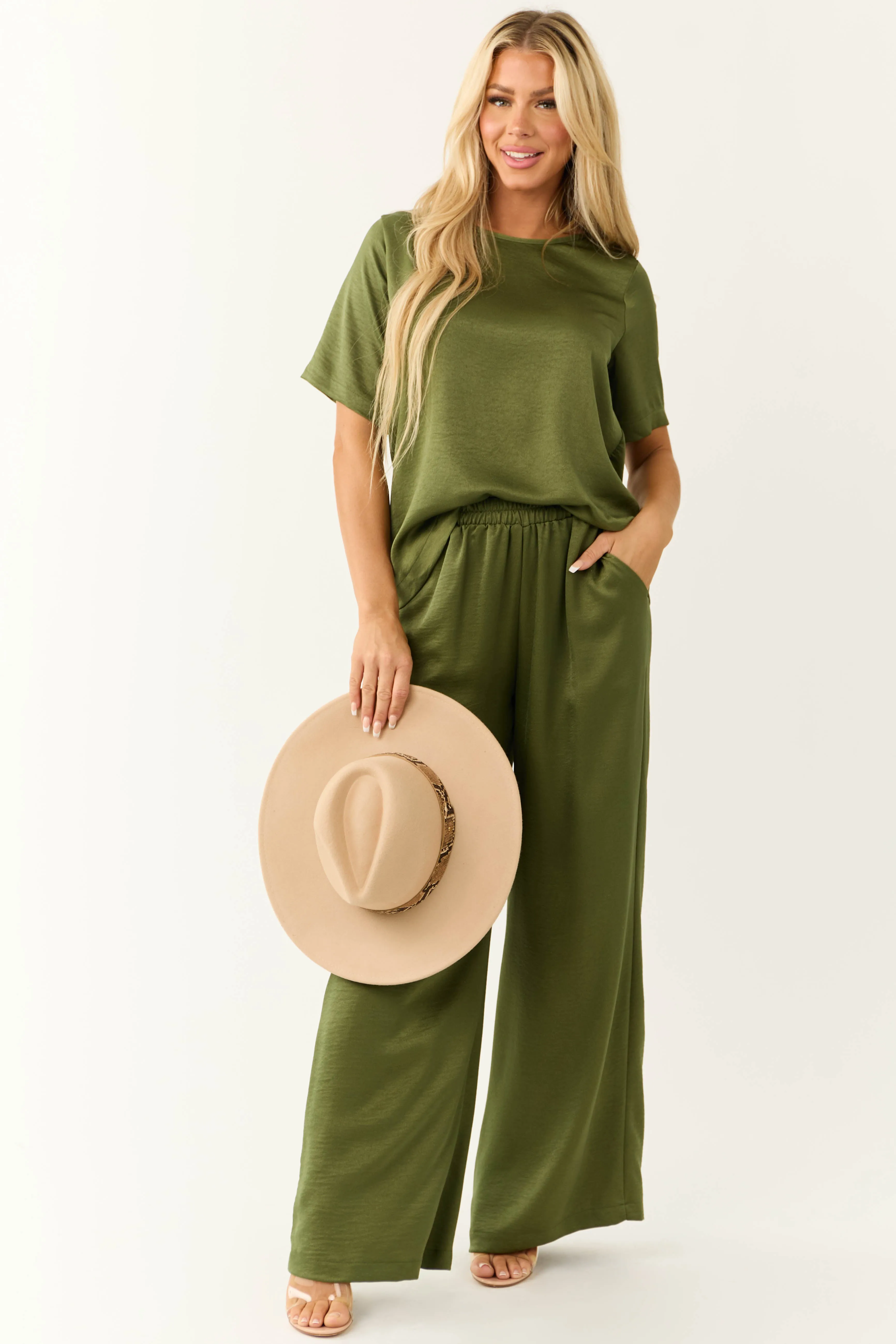 Olive Satin Blouse and Wide Leg Pants Set