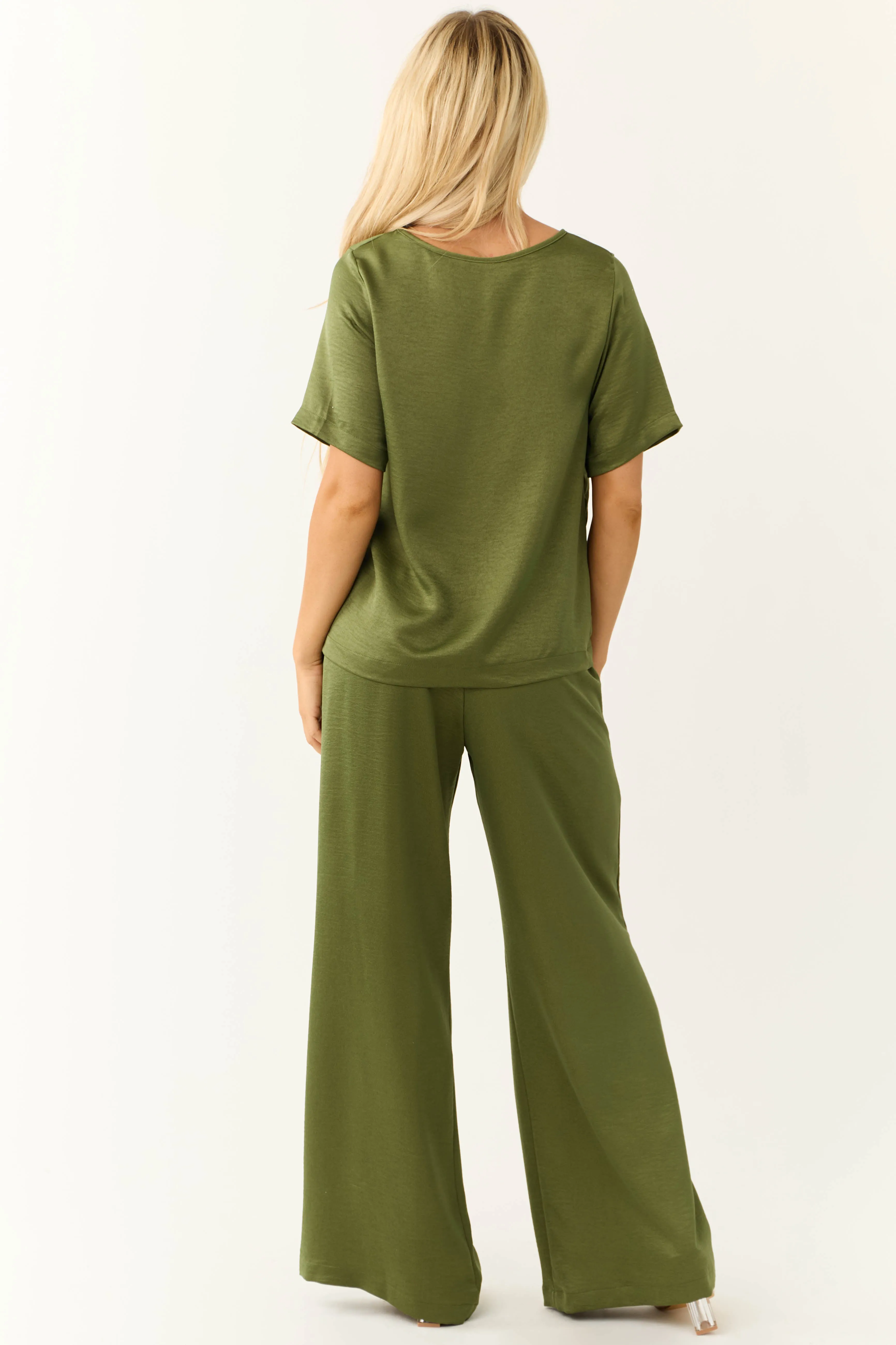 Olive Satin Blouse and Wide Leg Pants Set