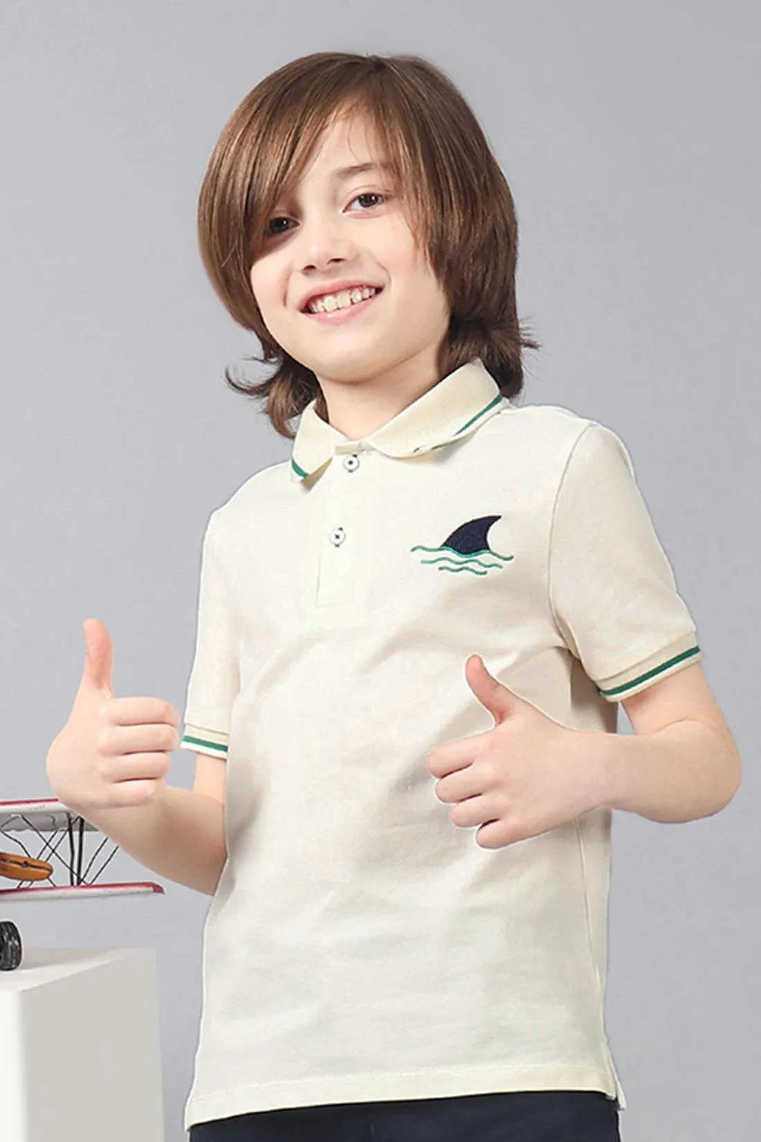 One Friday Kids Boys White Stretchable Polo Tee with Embroidery