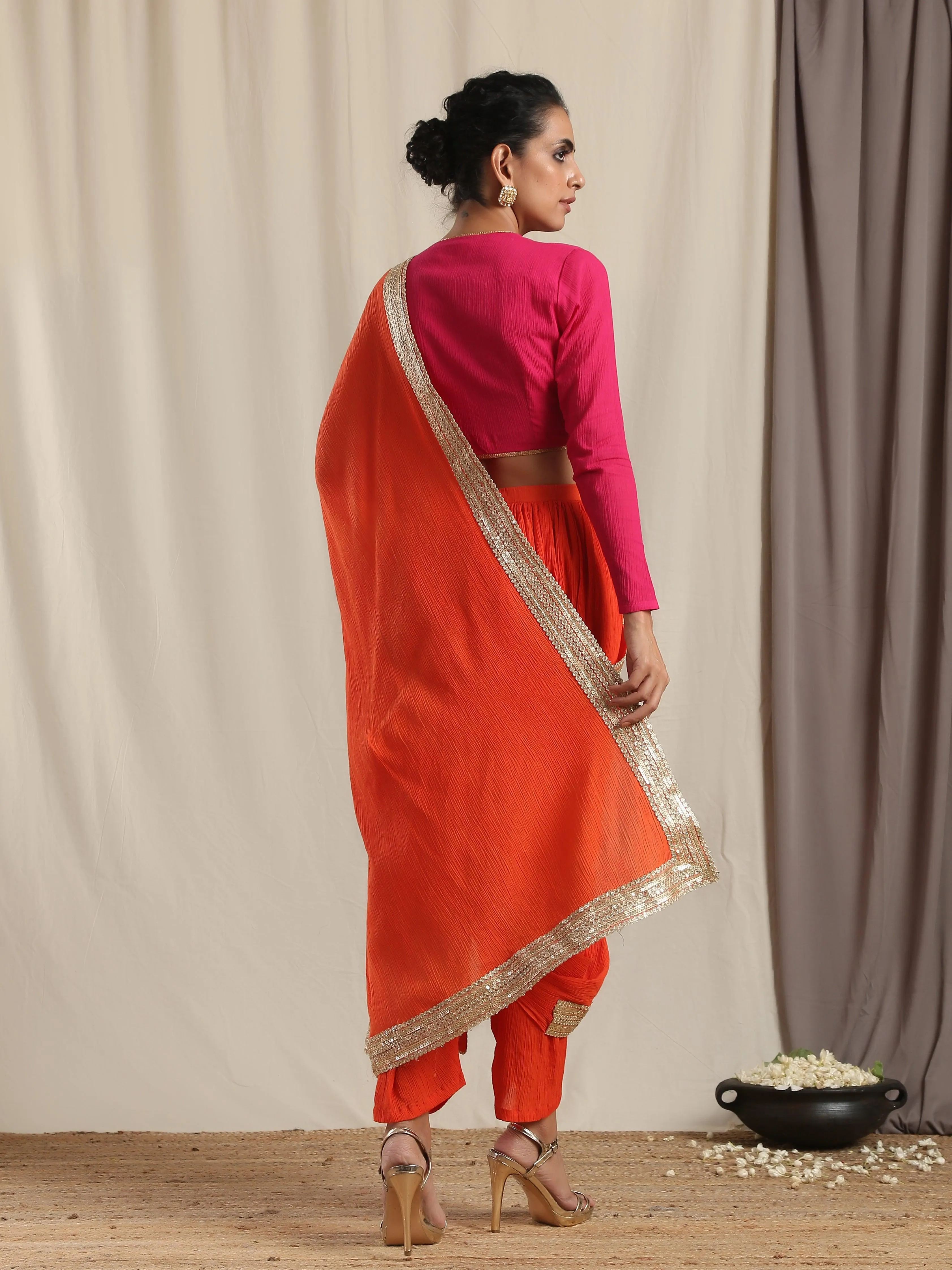 Orange Crinkle Ready to Wear Gota Saree