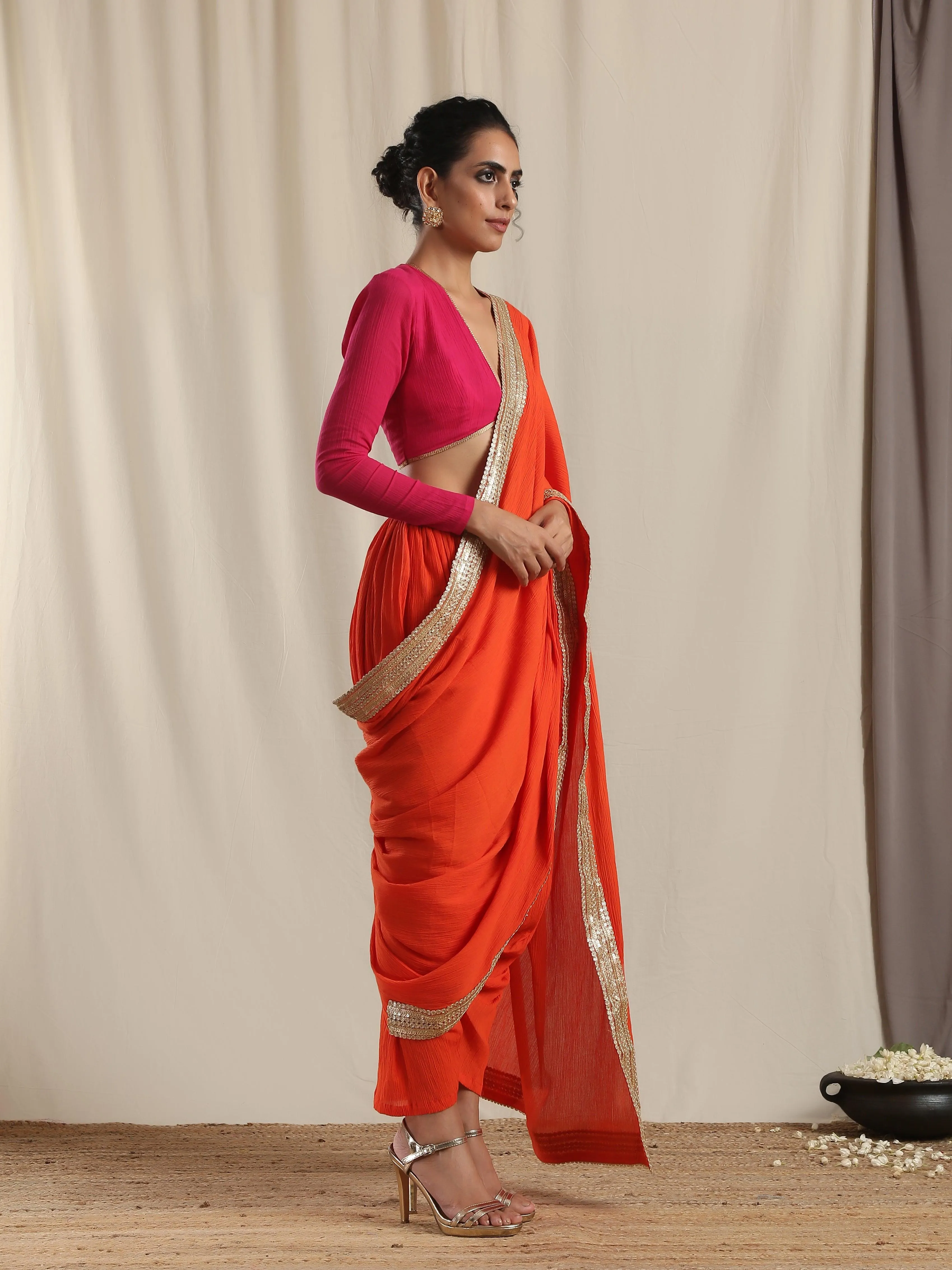 Orange Crinkle Ready to Wear Gota Saree