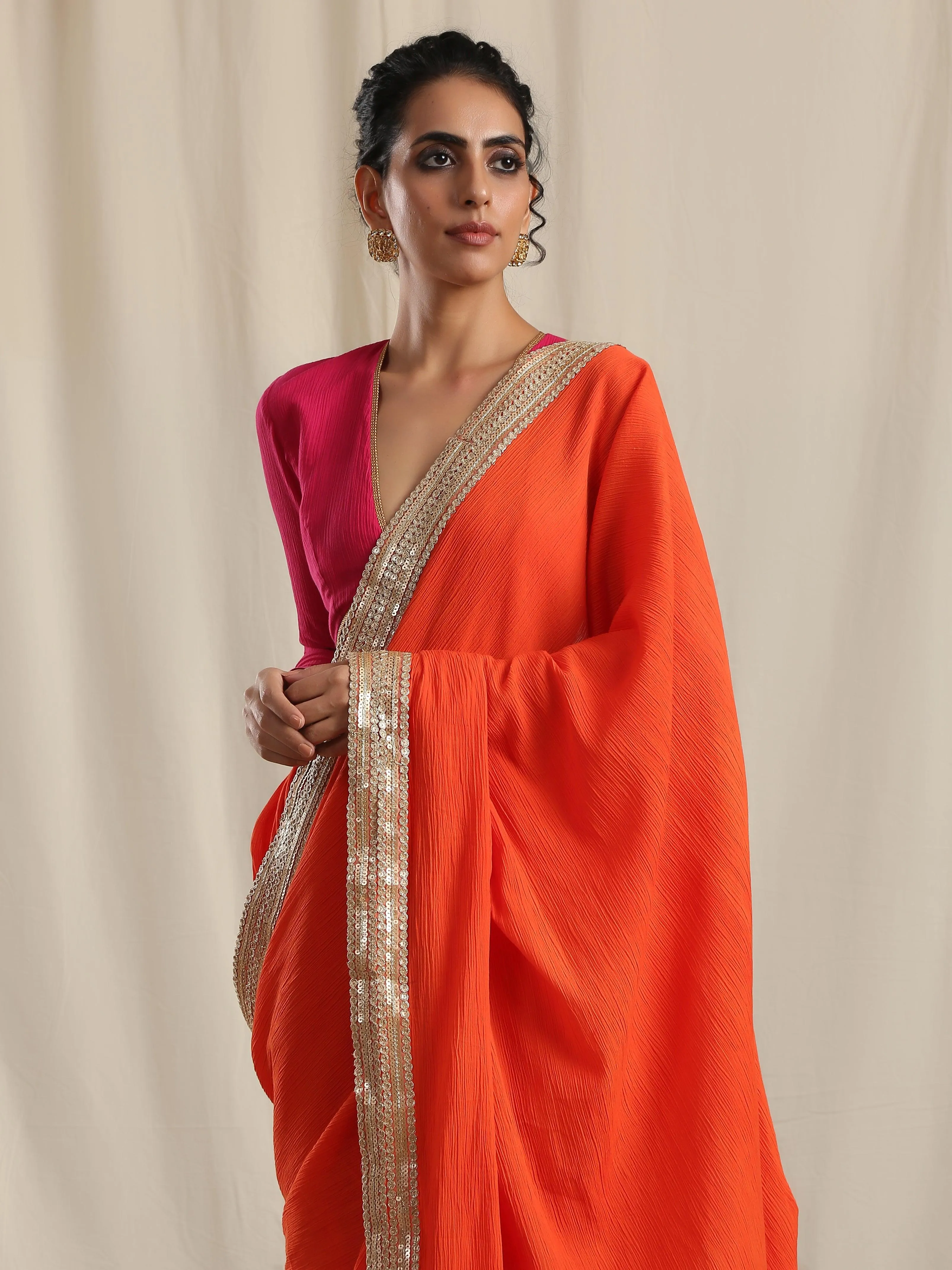 Orange Crinkle Ready to Wear Gota Saree