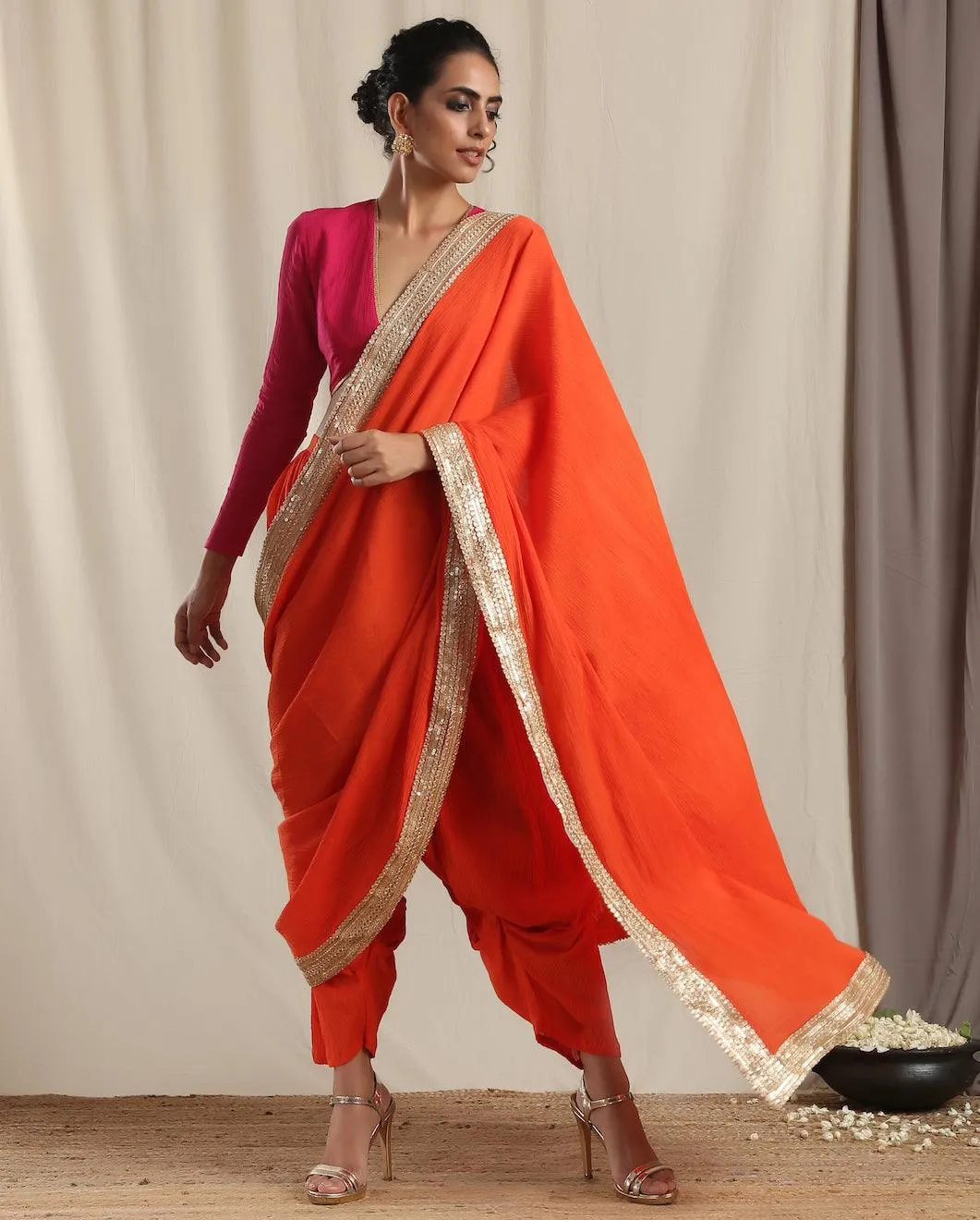 Orange Crinkle Ready to Wear Gota Saree