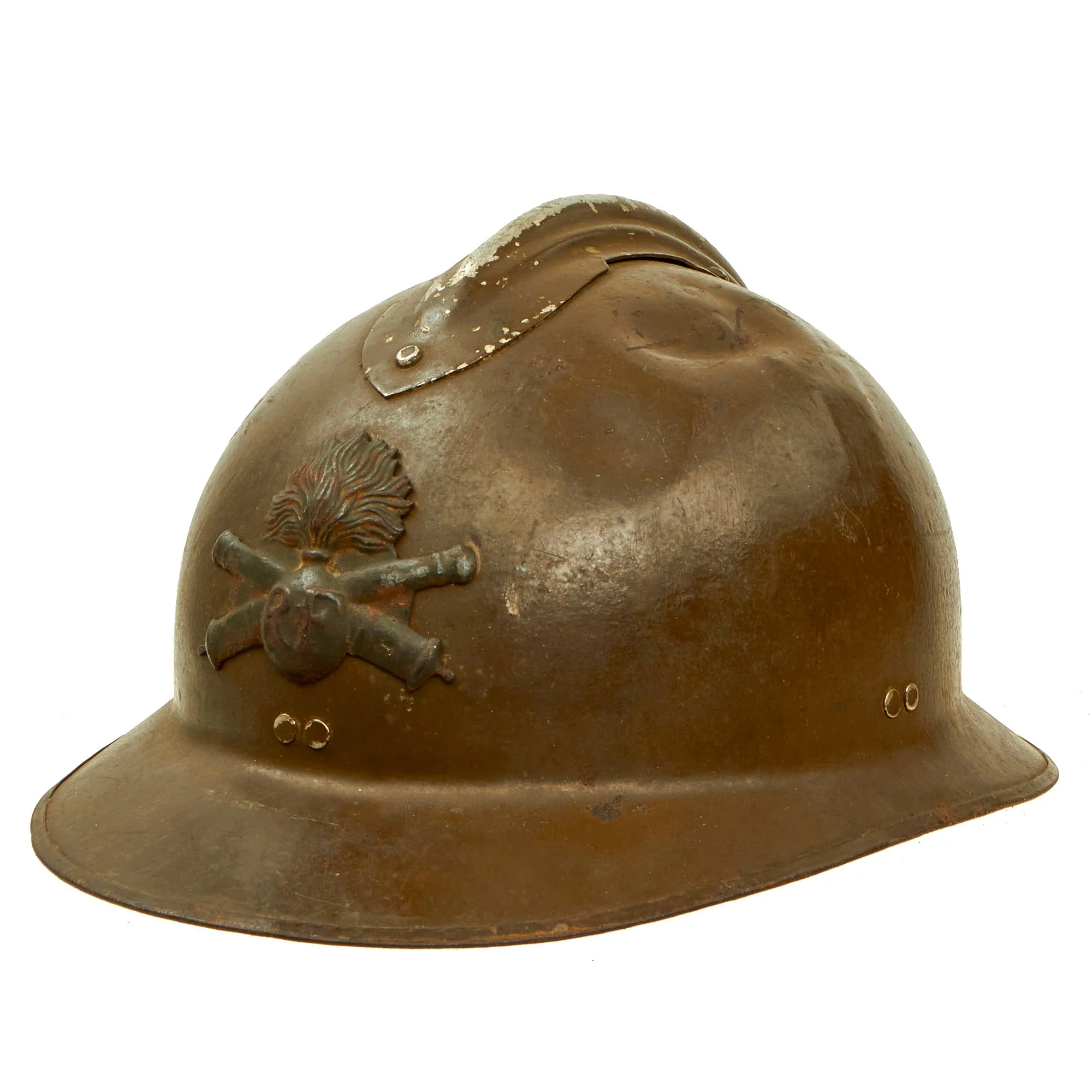 Original French WWII Complete Early Model 1926 Adrian Artillery Helmet with Liner & Chinstrap - Olive Green