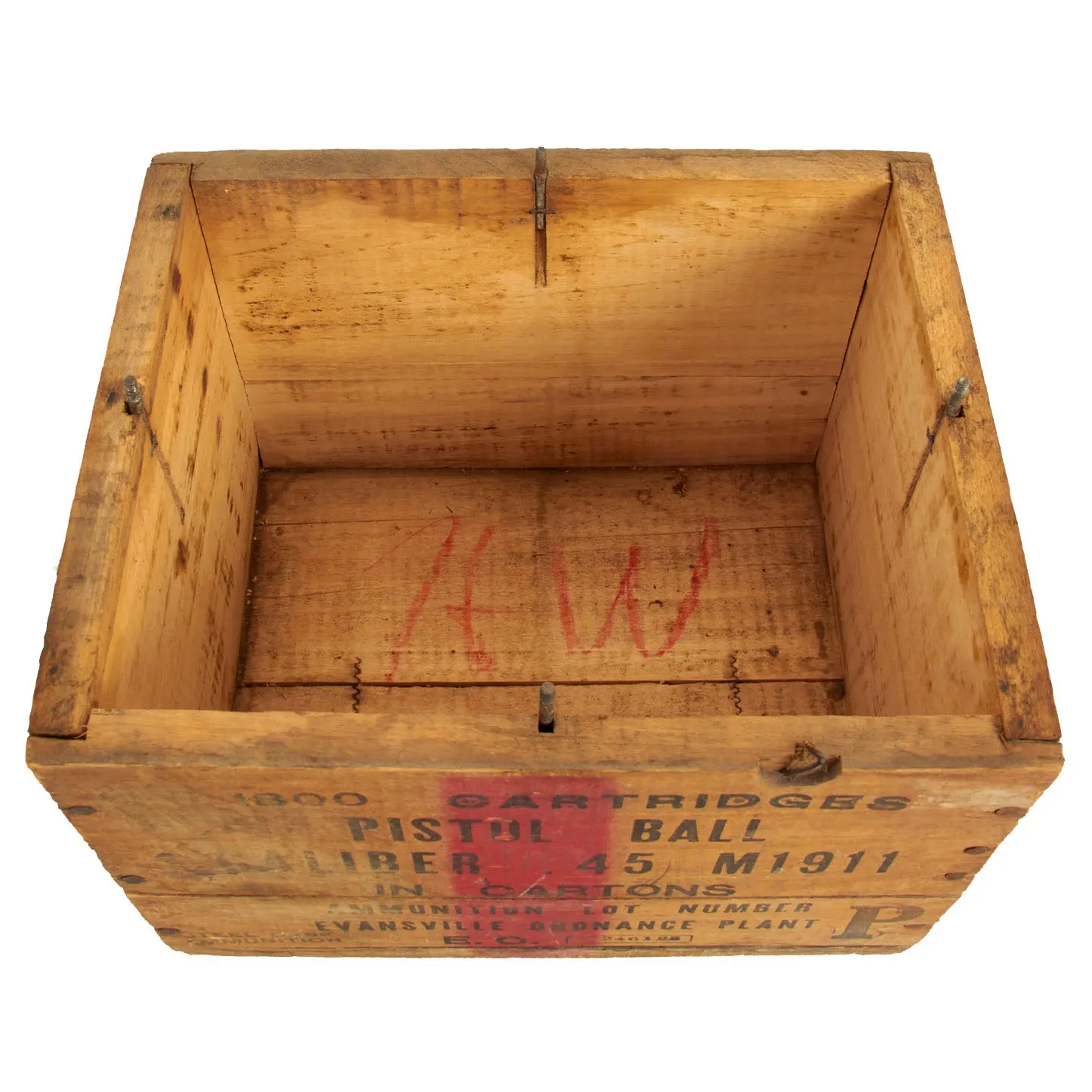 Original U.S. WWII Colt M1911 .45 ACP 1800 Cartridge Wooden Ammunition Crate - Evansville Ordnance Plant