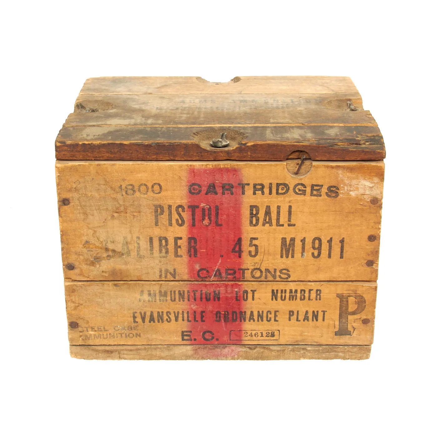 Original U.S. WWII Colt M1911 .45 ACP 1800 Cartridge Wooden Ammunition Crate - Evansville Ordnance Plant