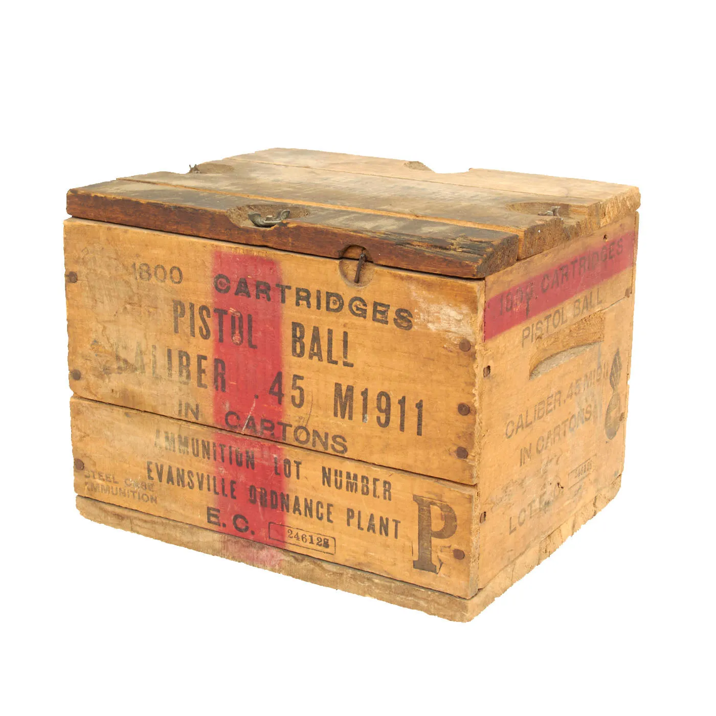 Original U.S. WWII Colt M1911 .45 ACP 1800 Cartridge Wooden Ammunition Crate - Evansville Ordnance Plant