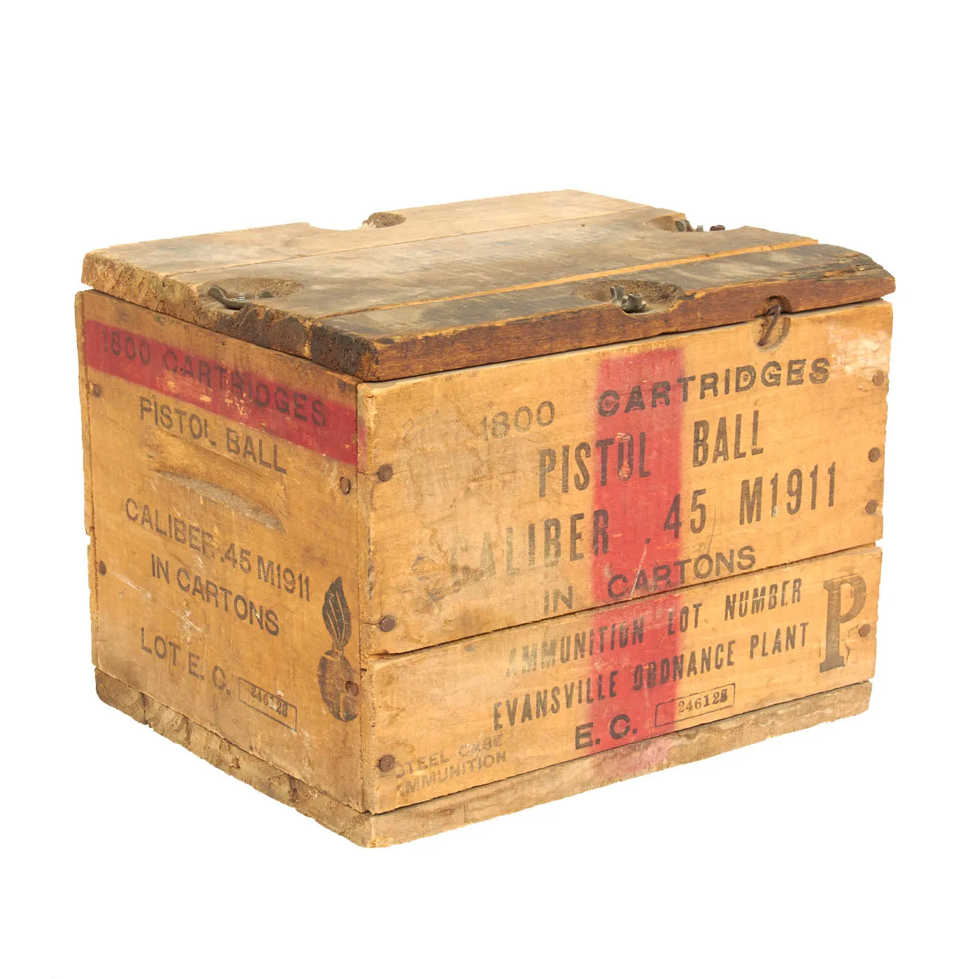 Original U.S. WWII Colt M1911 .45 ACP 1800 Cartridge Wooden Ammunition Crate - Evansville Ordnance Plant