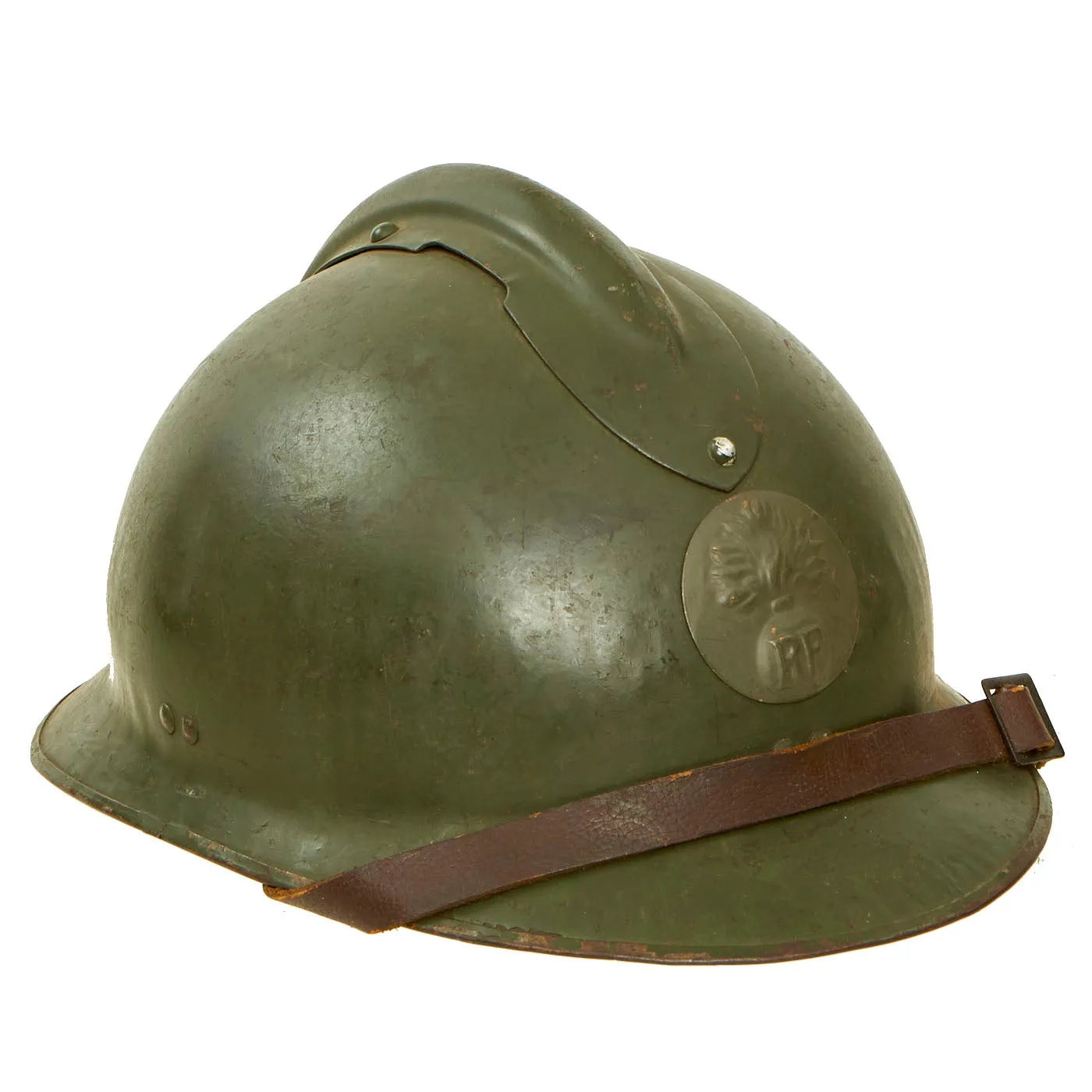 Original WWII French Complete Early Model 1926 Adrian Infantry Helmet with Liner & Chinstrap - Olive Green