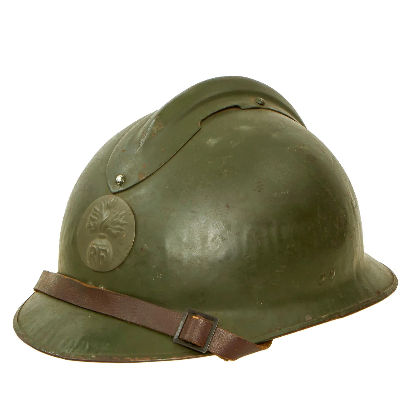 Original WWII French Complete Early Model 1926 Adrian Infantry Helmet with Liner & Chinstrap - Olive Green