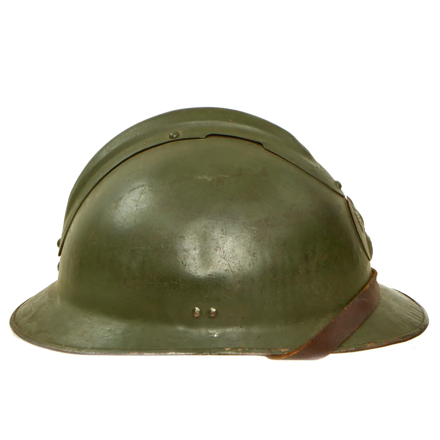 Original WWII French Complete Early Model 1926 Adrian Infantry Helmet with Liner & Chinstrap - Olive Green