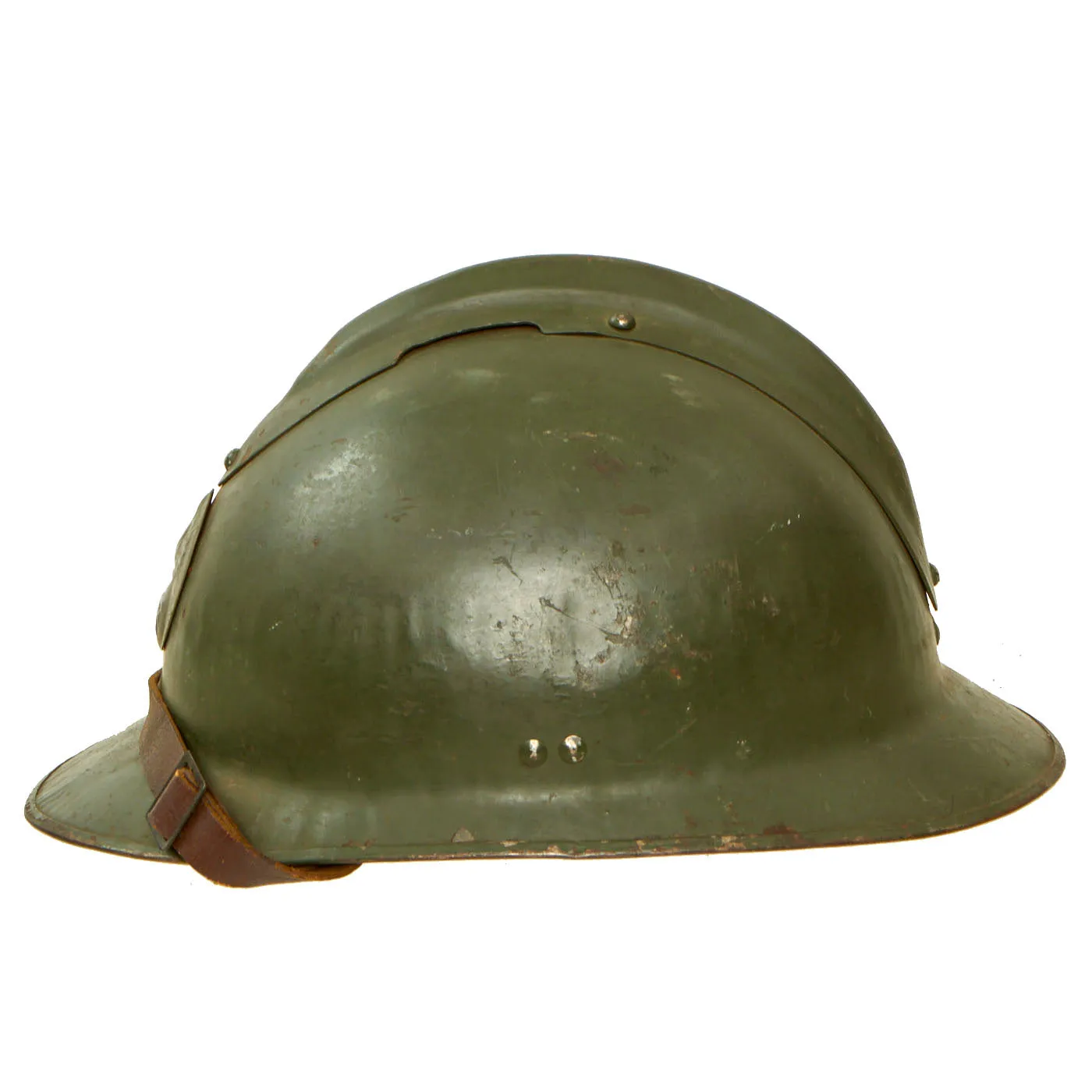 Original WWII French Complete Early Model 1926 Adrian Infantry Helmet with Liner & Chinstrap - Olive Green