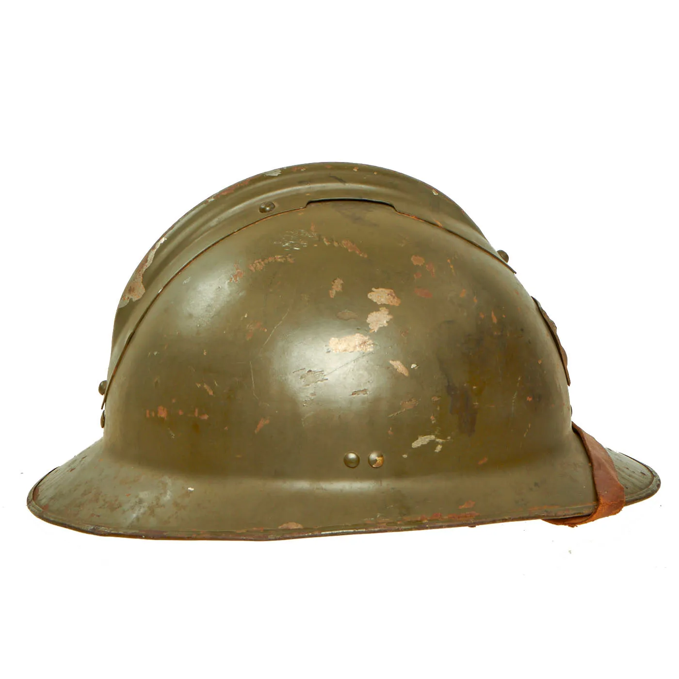 Original WWII French Model 1926 Adrian Défense Passive Civil Defense Helmet with Liner & Chinstrap - Olive Green