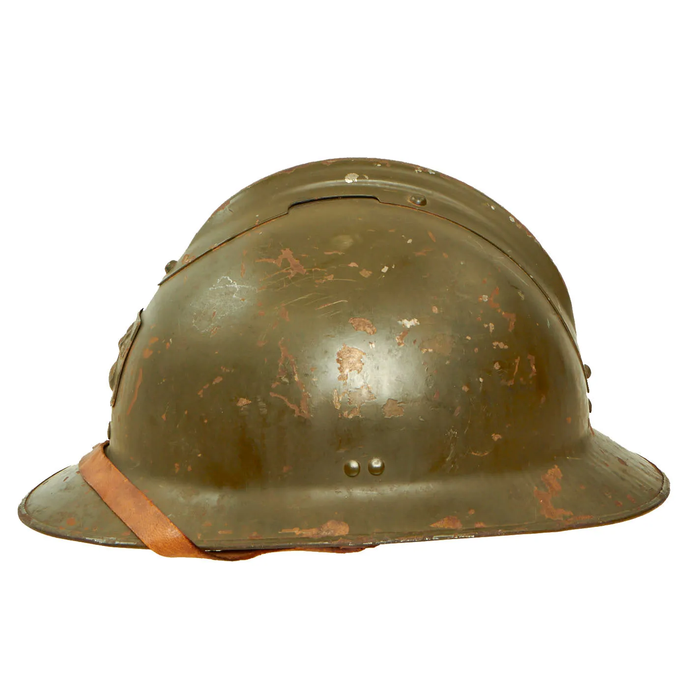 Original WWII French Model 1926 Adrian Défense Passive Civil Defense Helmet with Liner & Chinstrap - Olive Green